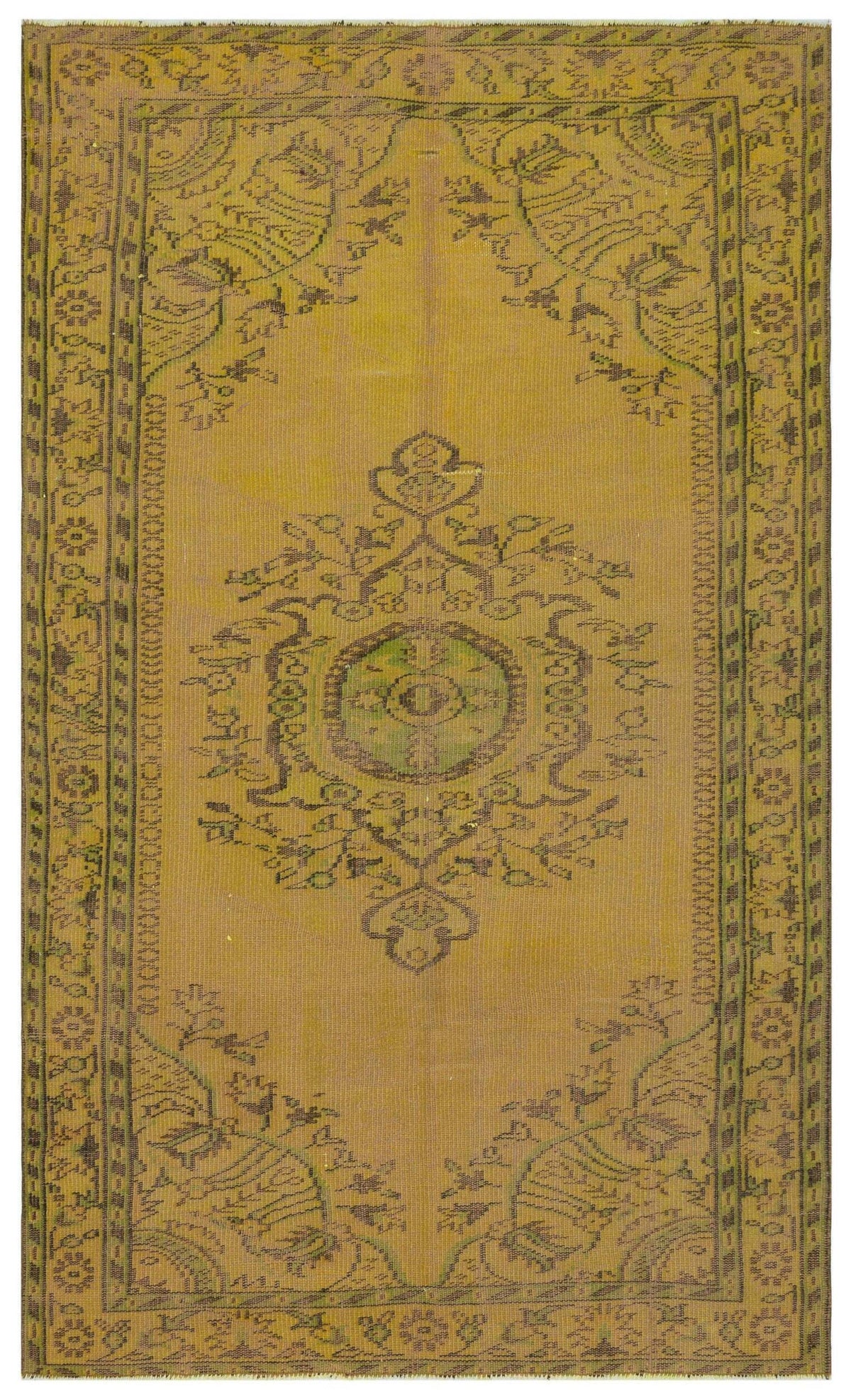 Mustard yellow vintage-style rug with a central floral medallion and a geometric border in dark brown and green.