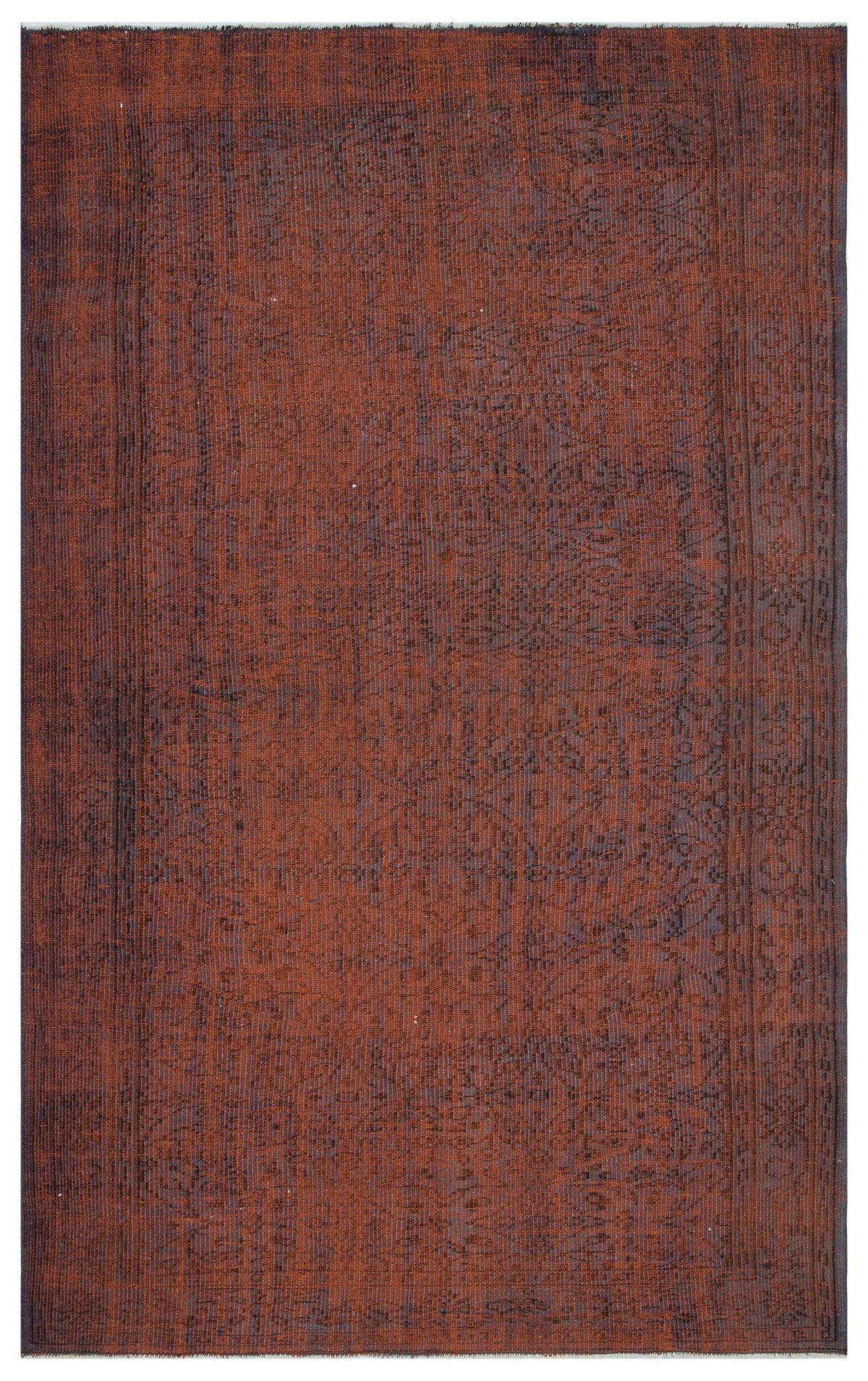 Rust-colored vintage-style rug with a dark, distressed traditional floral medallion pattern on a white background.