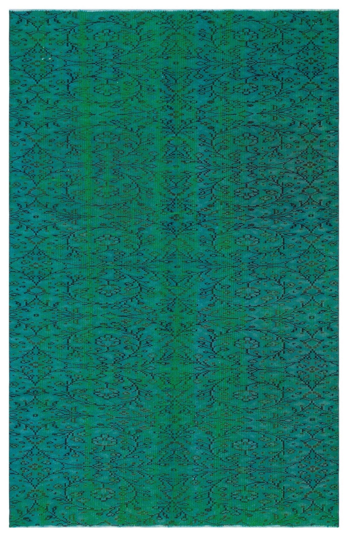 Teal and emerald green rug with a repeating dark floral vine pattern and a distressed, faded texture.