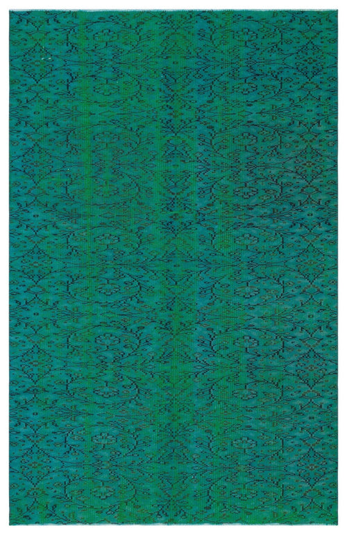 Load image 1 in gallery view. Teal and emerald green rug with a repeating dark floral vine pattern and a distressed, faded texture.