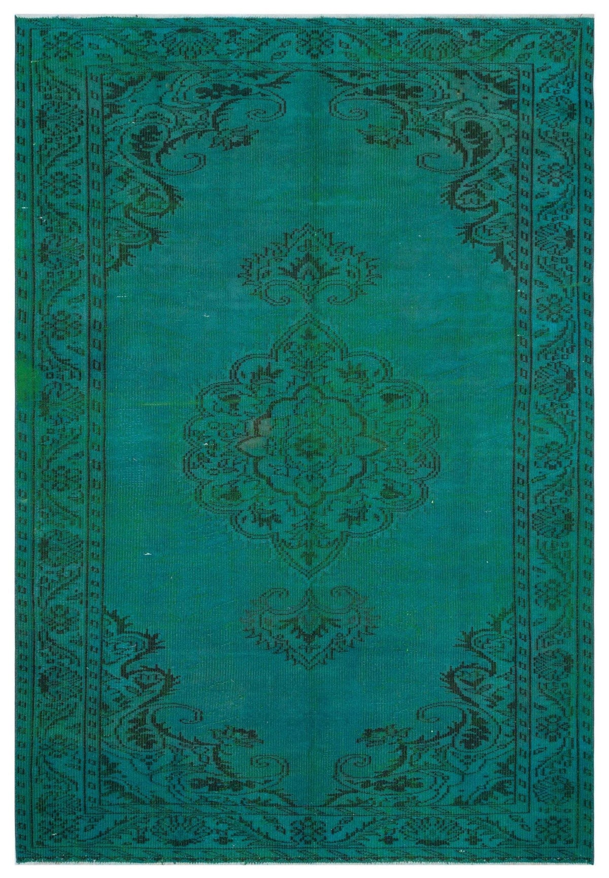 Teal rug with a dark green traditional floral medallion and ornate border pattern.
