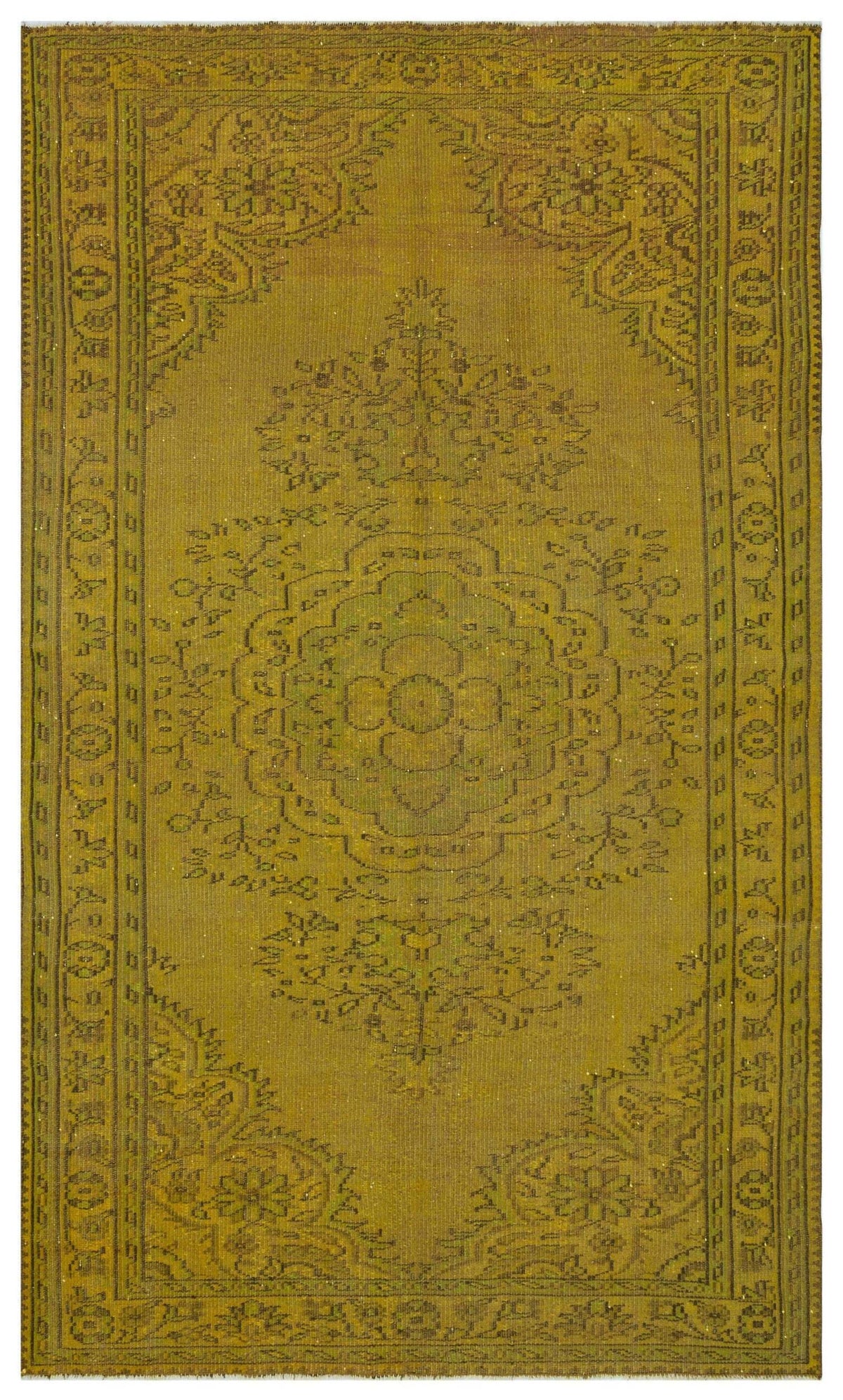 Olive green vintage-style rug with a central floral medallion and intricate border pattern.
