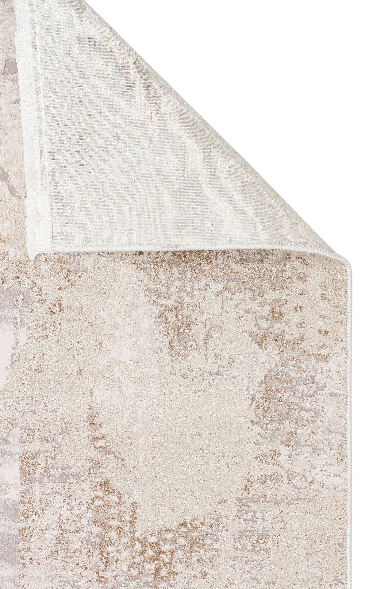Beige and cream rug with a distressed abstract pattern, shown with a corner folded over to reveal the woven backing.
