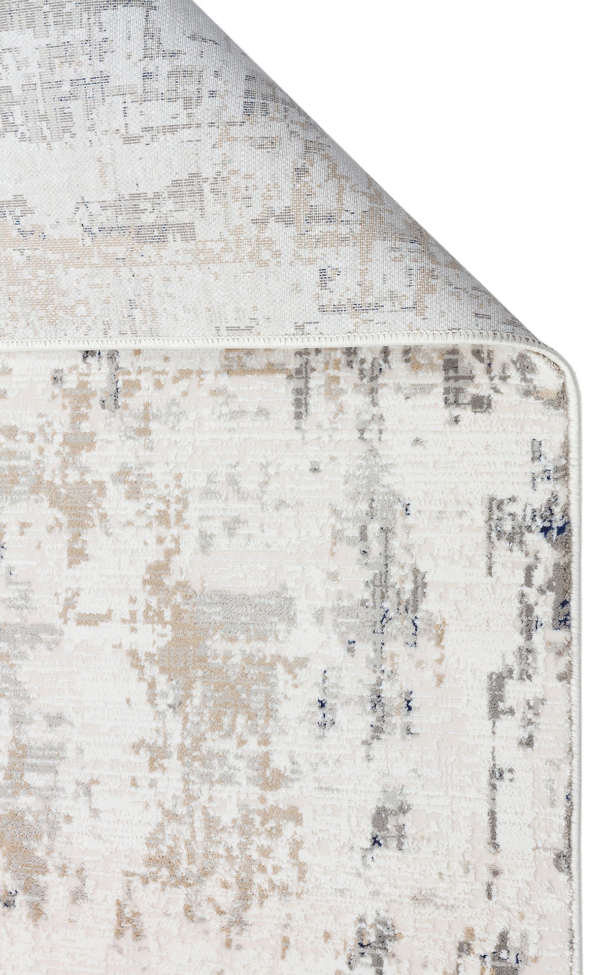 Cream, beige, and grey area rug with a distressed abstract pattern, shown with a corner folded over on a white background.