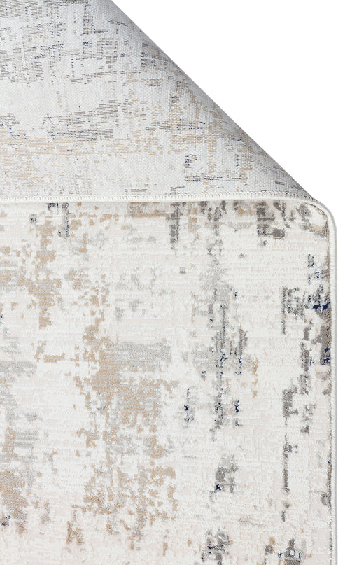 Bild 1 in Galerieansicht laden. Cream, beige, and grey area rug with a distressed abstract pattern, shown with a corner folded over on a white background.