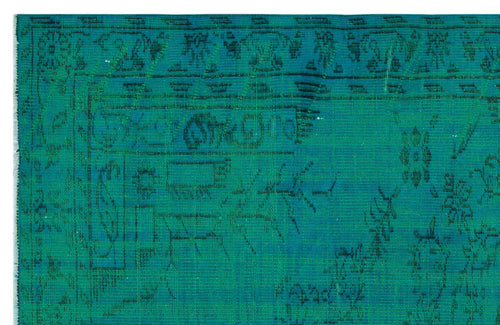 Load image 1 in gallery view. Teal rug with a distressed, faded black traditional floral and geometric border pattern.