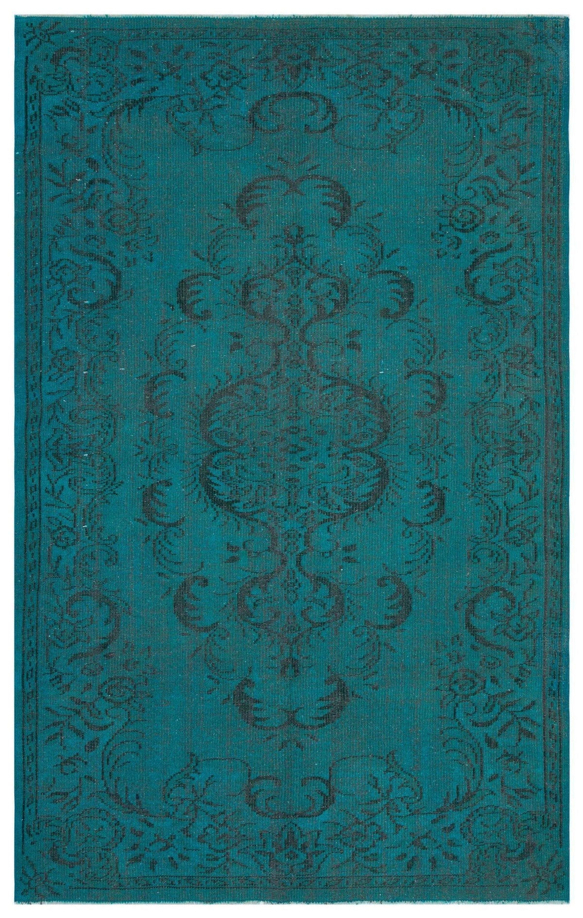Teal rug with a black distressed traditional medallion and floral border pattern.