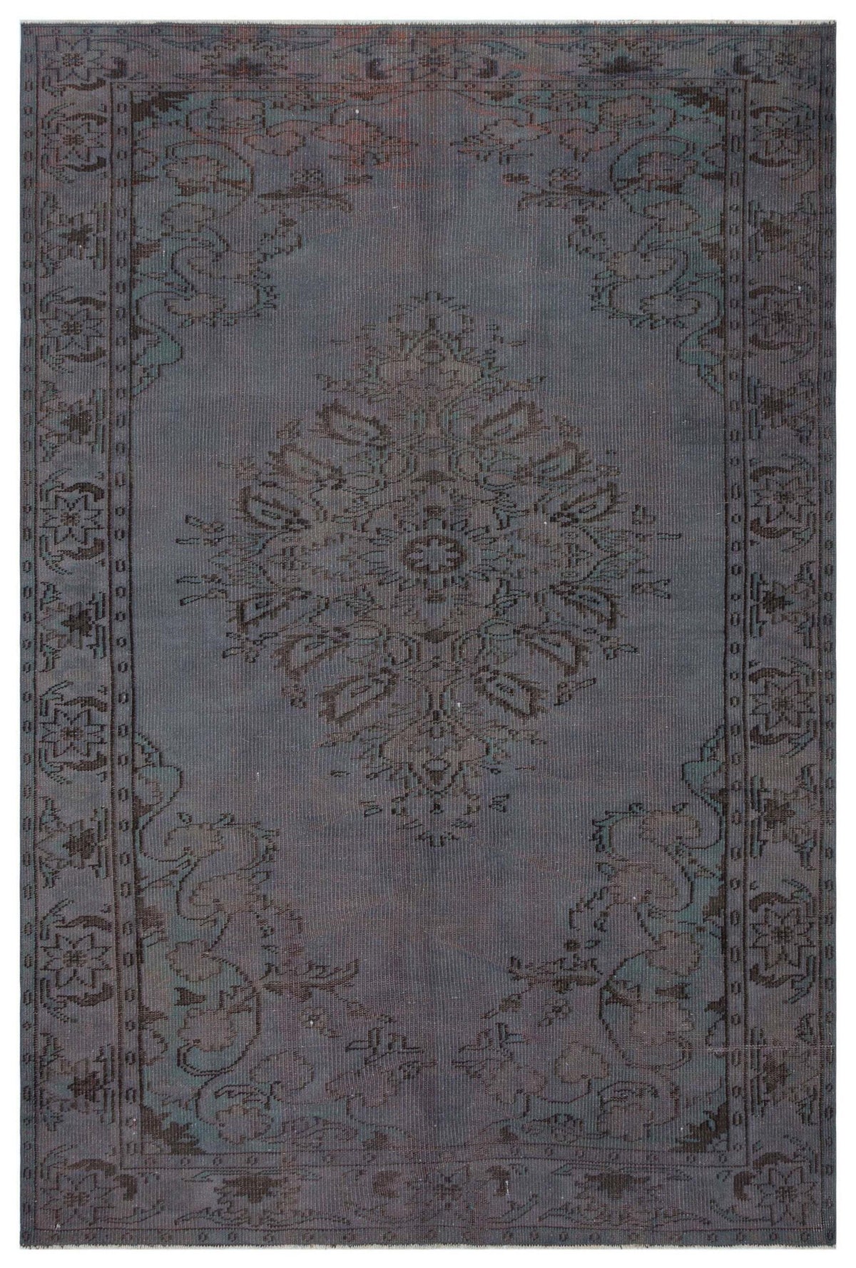 Charcoal grey traditional rug with a central floral medallion and ornate border in muted teal and brown tones.