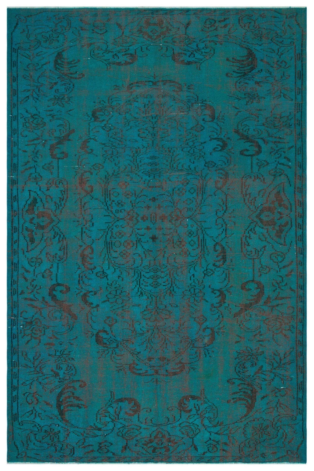 Teal and dark brown distressed rug with a traditional central medallion and floral border pattern.
