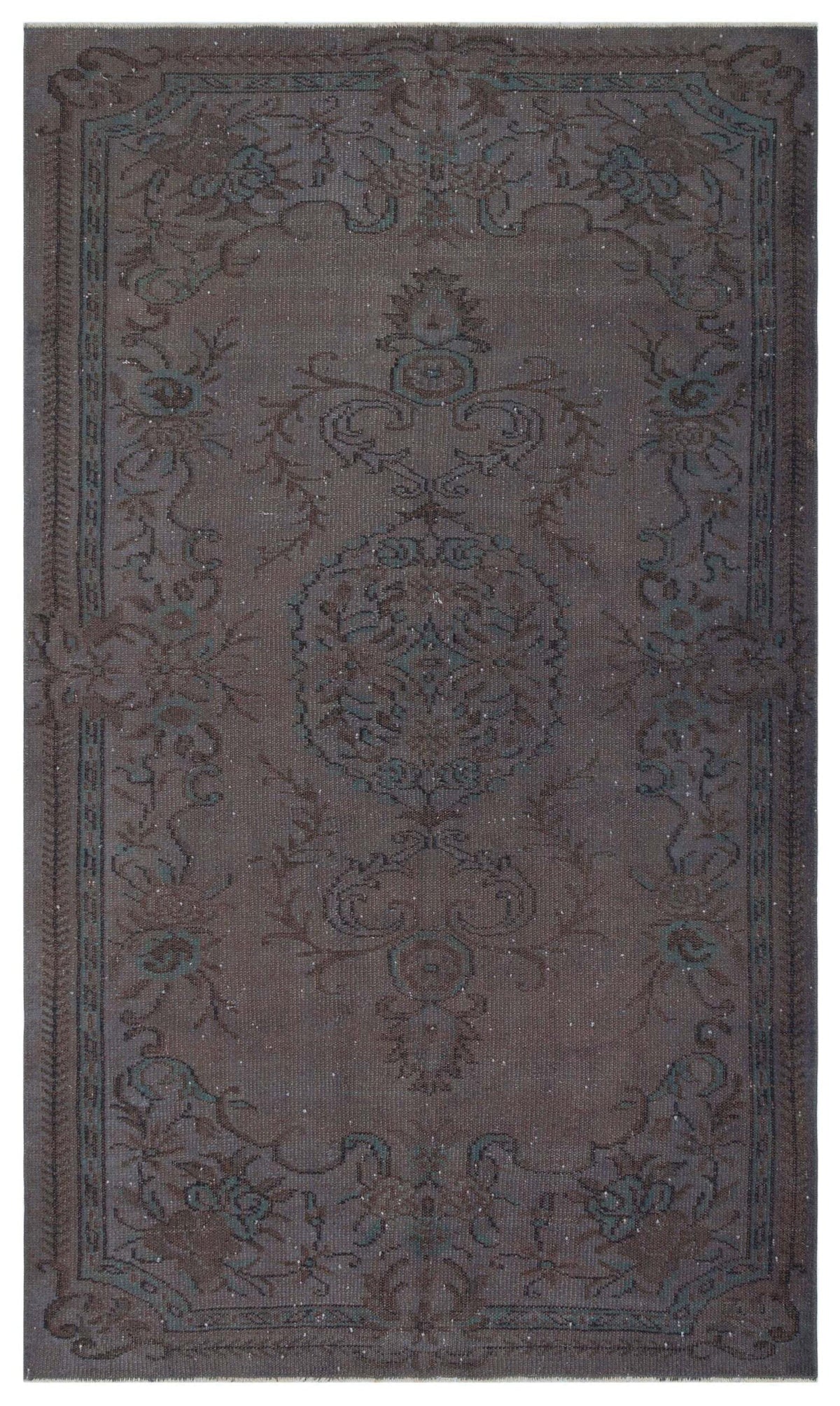 Dark brown and teal traditional rug with a central floral medallion and ornate border pattern.