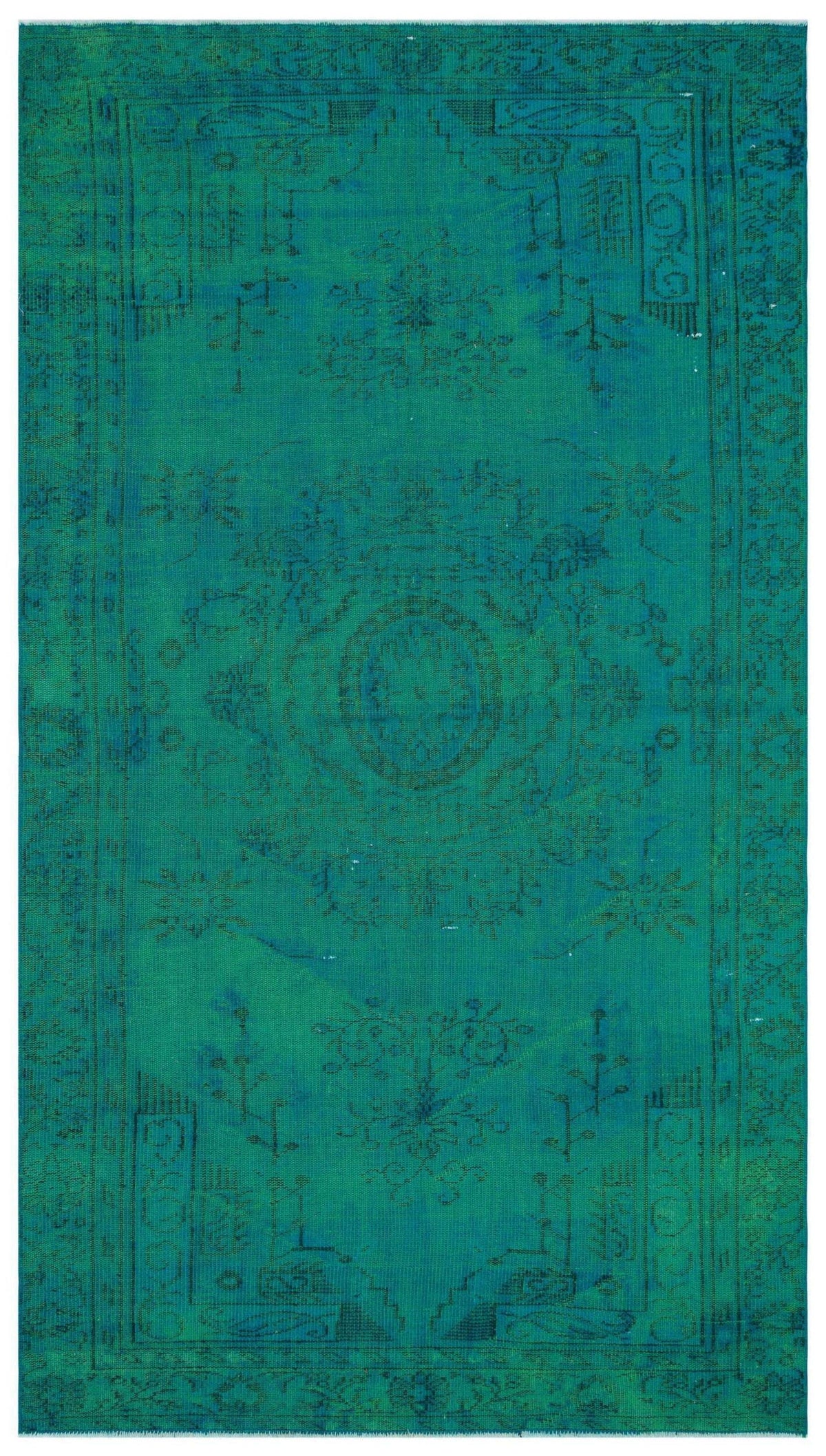 Teal monochromatic rug with a distressed traditional medallion pattern and a decorative border.