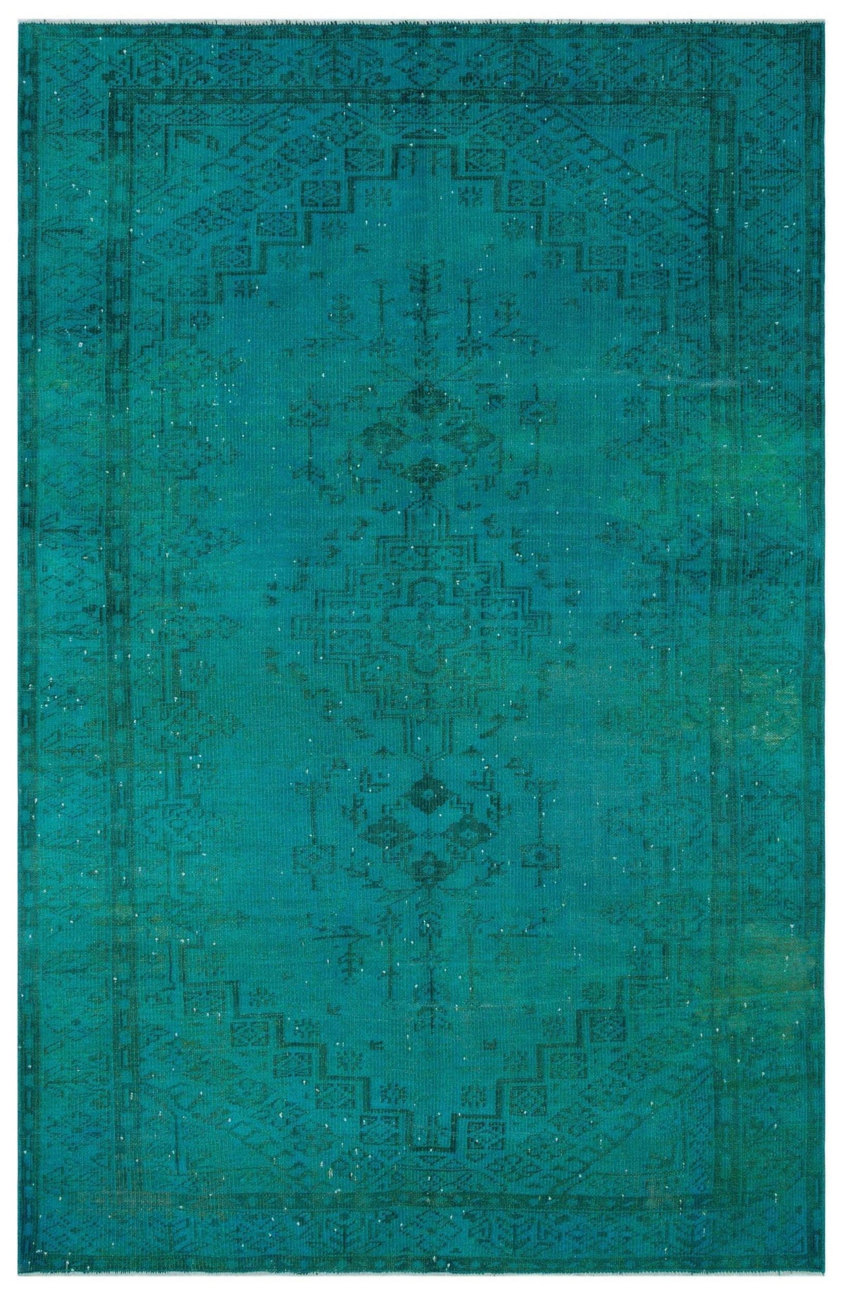 Teal distressed rug with a dark green traditional medallion pattern and geometric border.
