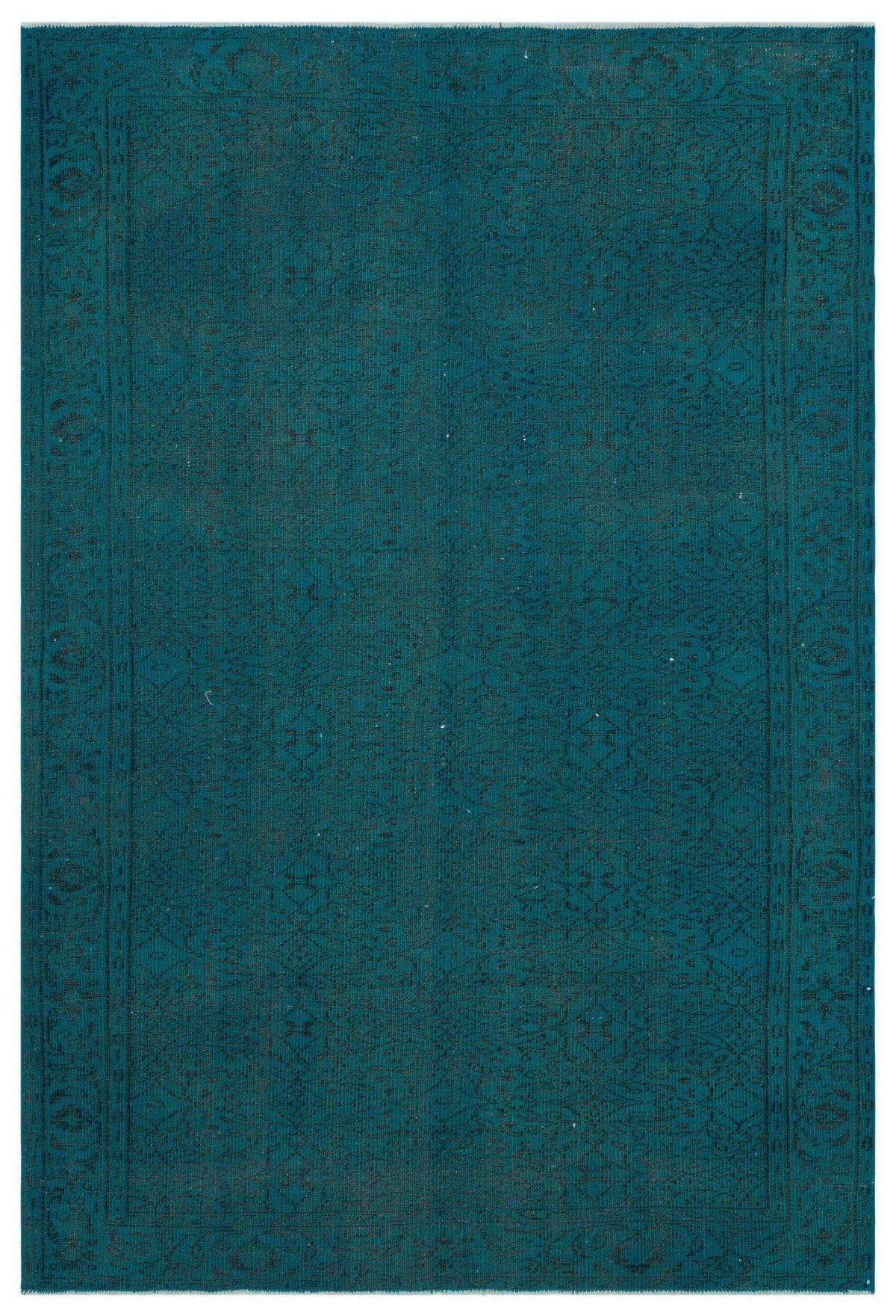 Teal monochromatic rug with a subtle, distressed traditional floral pattern and a decorative border.