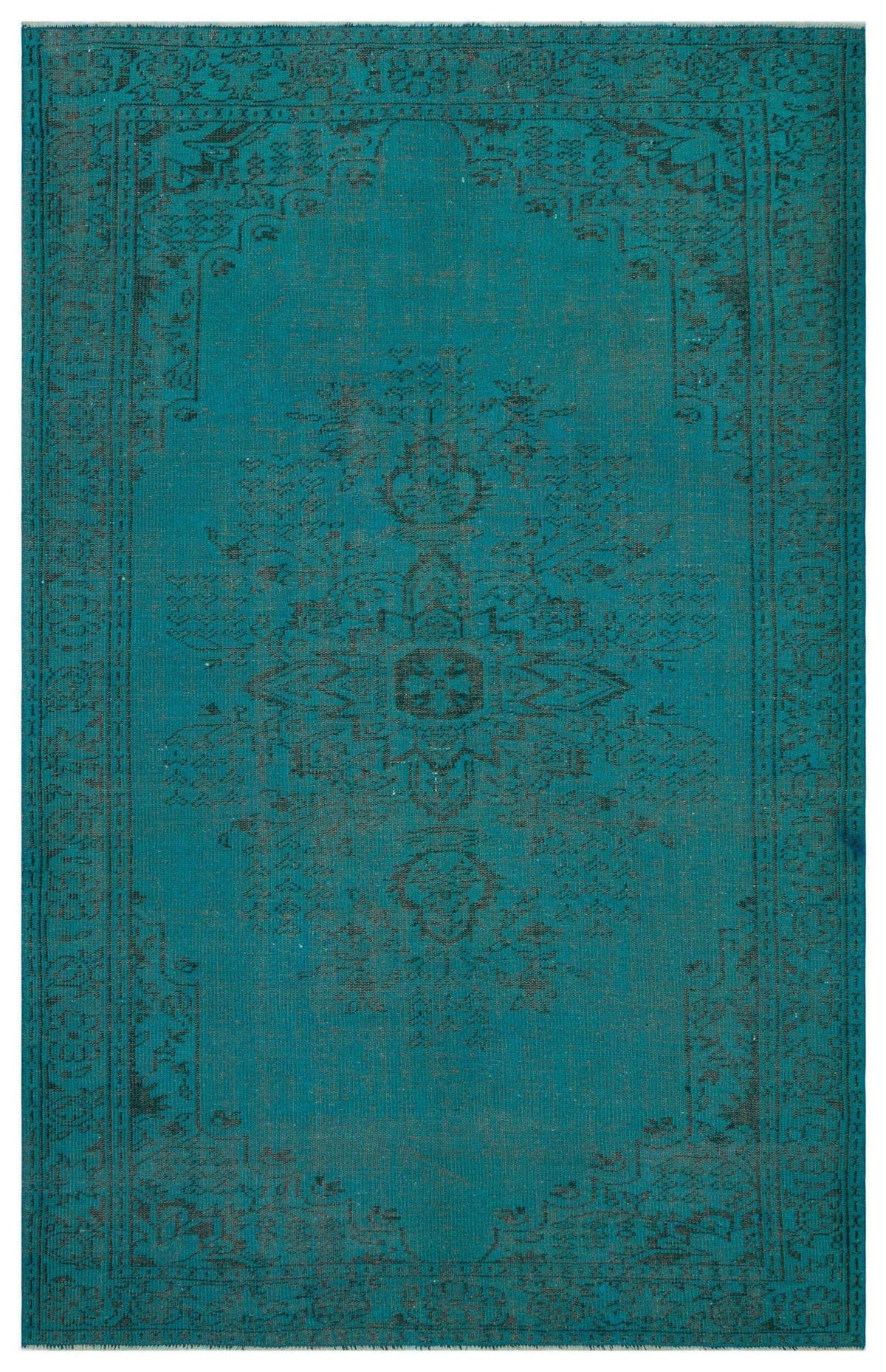 Teal rug with a dark grey traditional medallion pattern and a decorative border.