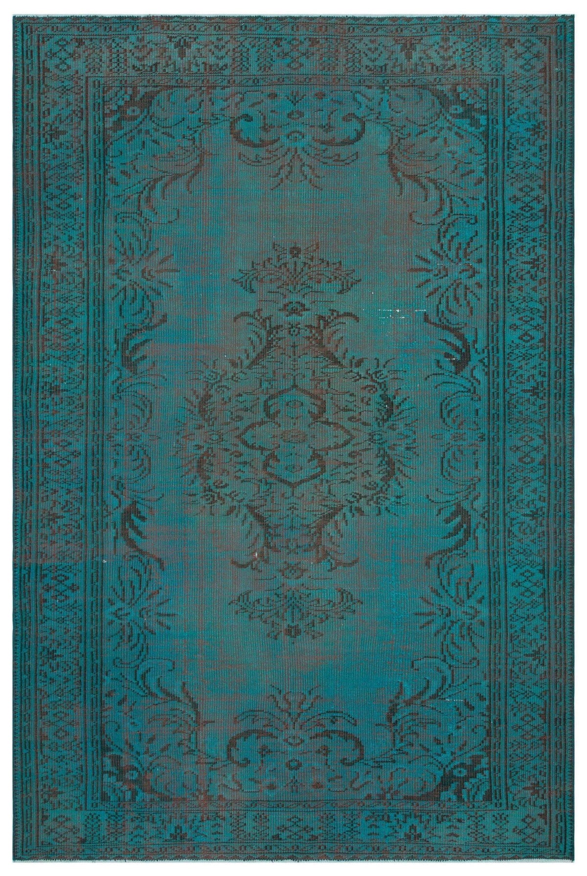 Teal and dark brown traditional rug with a distressed central medallion and ornate floral border.