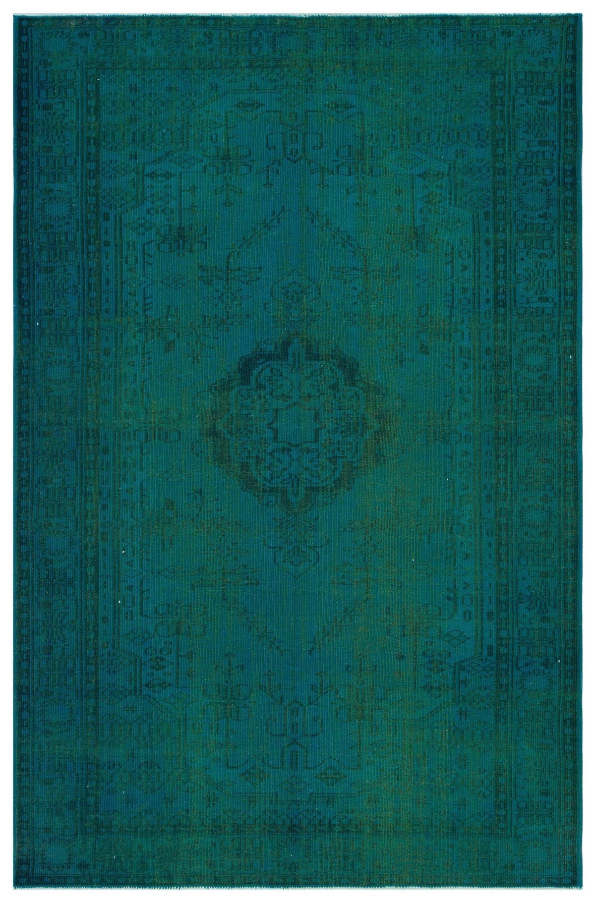 Teal monochromatic rug with a traditional central medallion and ornate border pattern.