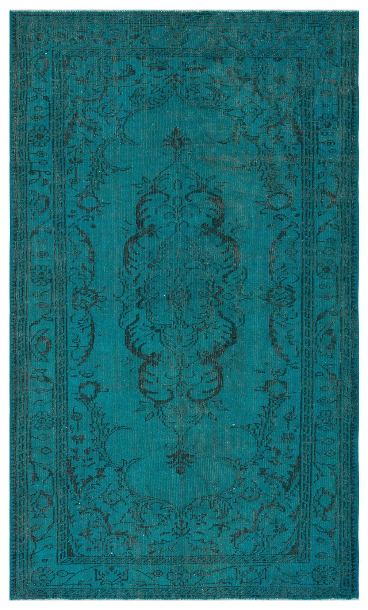 Teal rug with a black traditional central medallion and ornate border pattern.