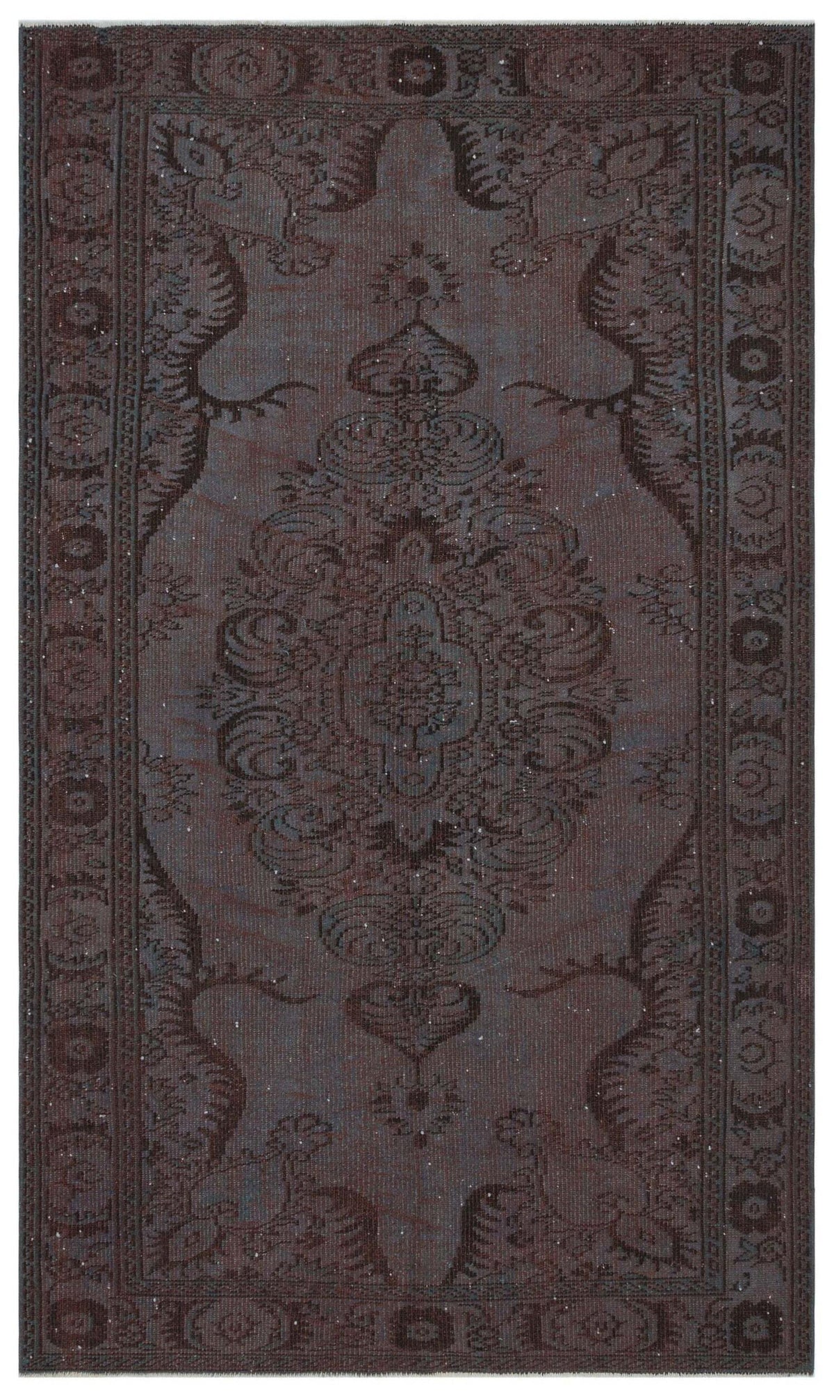 Dark charcoal and plum traditional rug with a central floral medallion and ornate border pattern.
