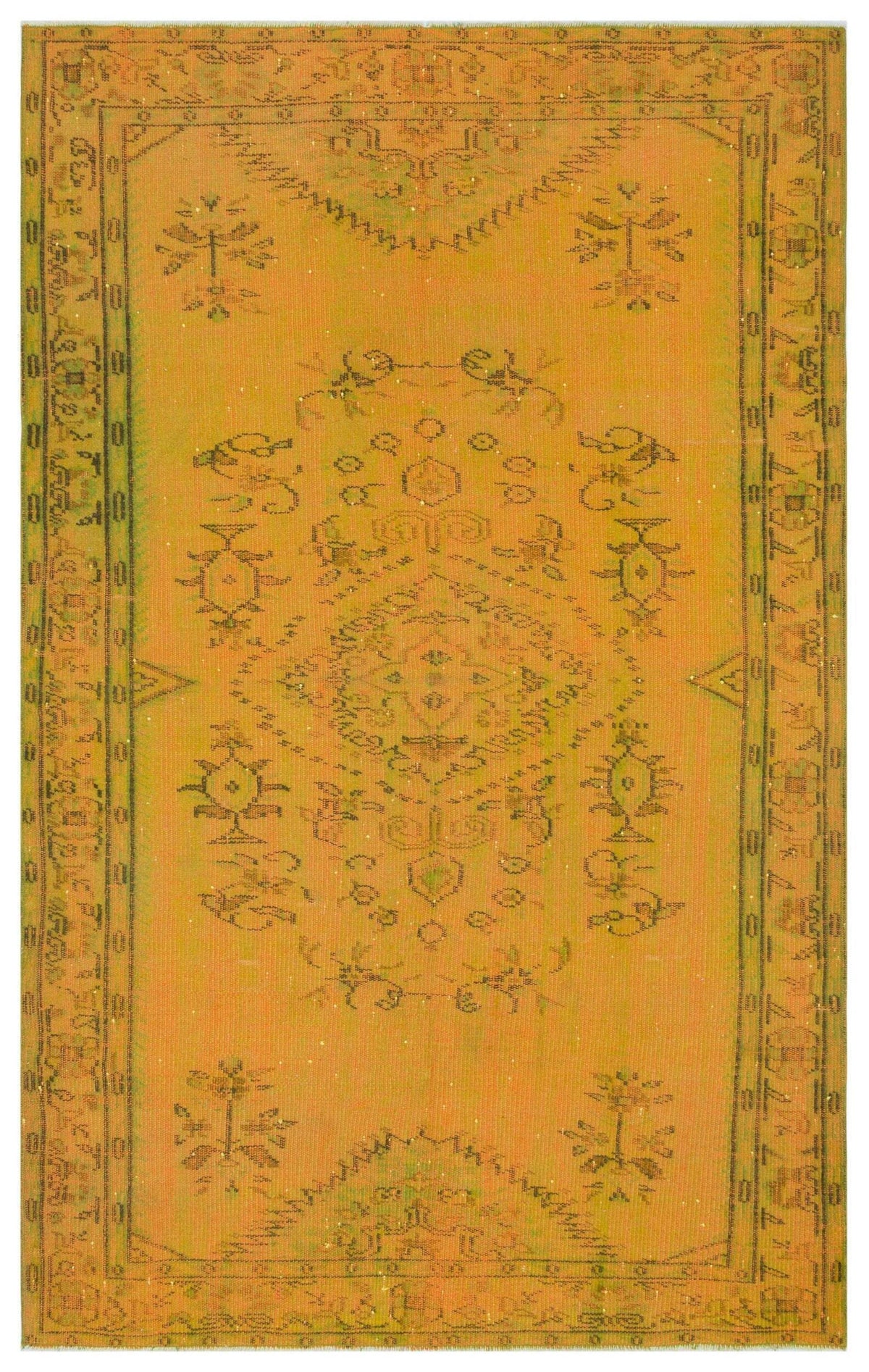 Mustard yellow vintage-style rug with a central geometric medallion and dark brown traditional border motifs.