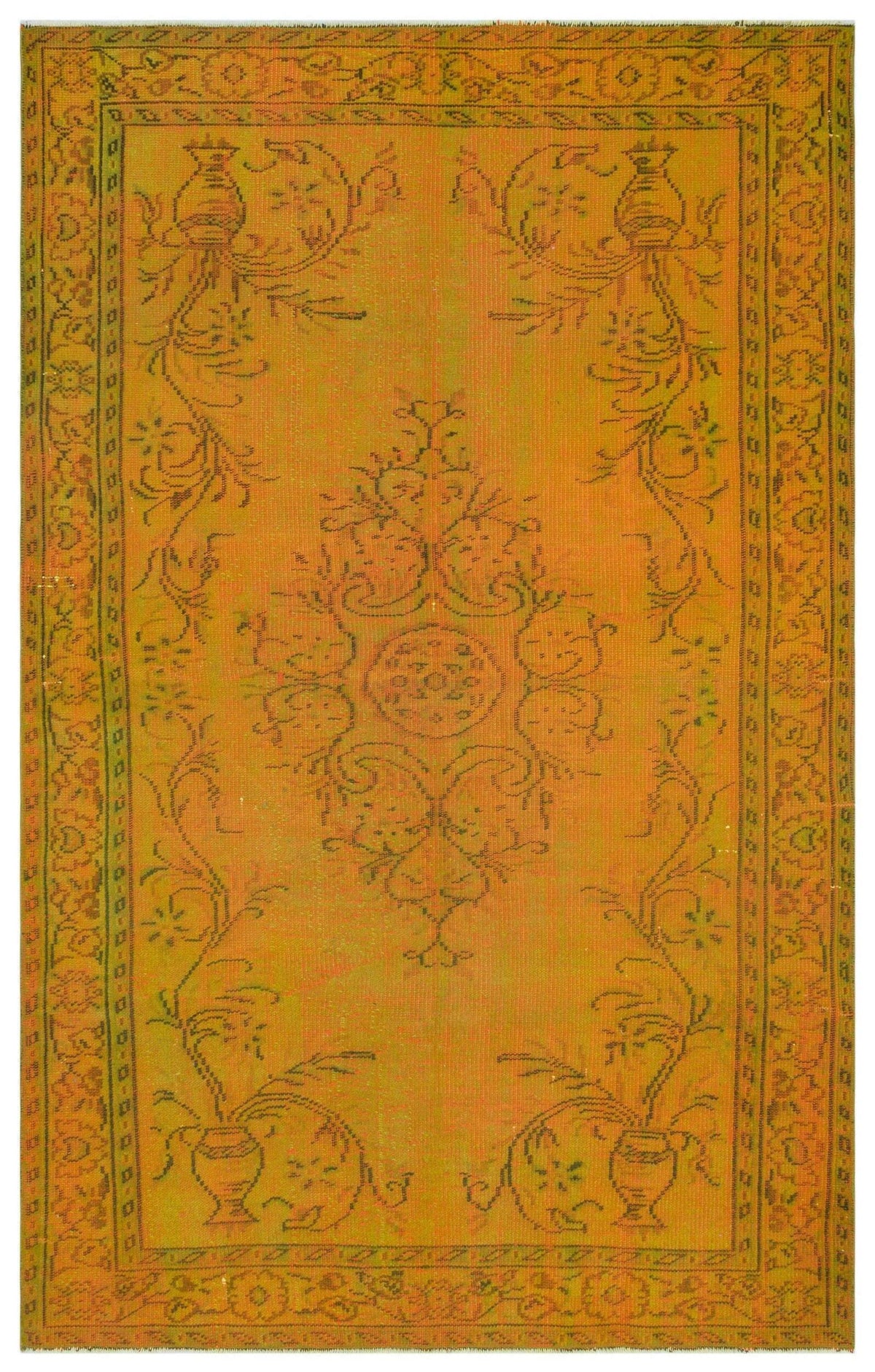 Mustard yellow vintage-style rug with a central floral medallion and ornate border in a dark, distressed outline.