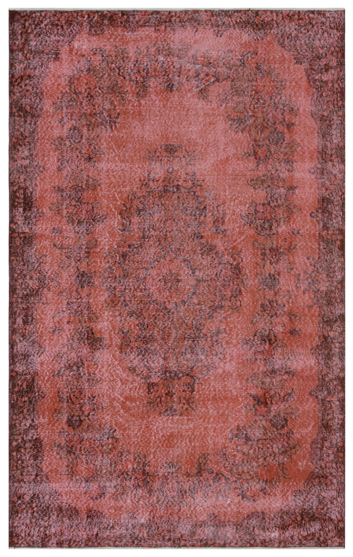 Distressed terracotta and dark brown rug with a traditional floral medallion and border pattern.