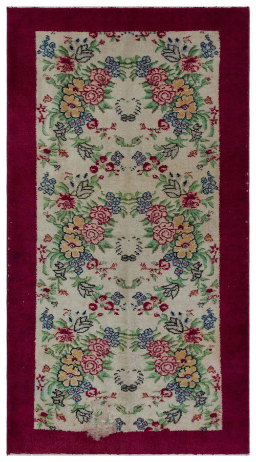 Load image 1 in gallery view. Cream runner rug with a deep red border and a repeating floral pattern in pink, yellow, blue, and green.