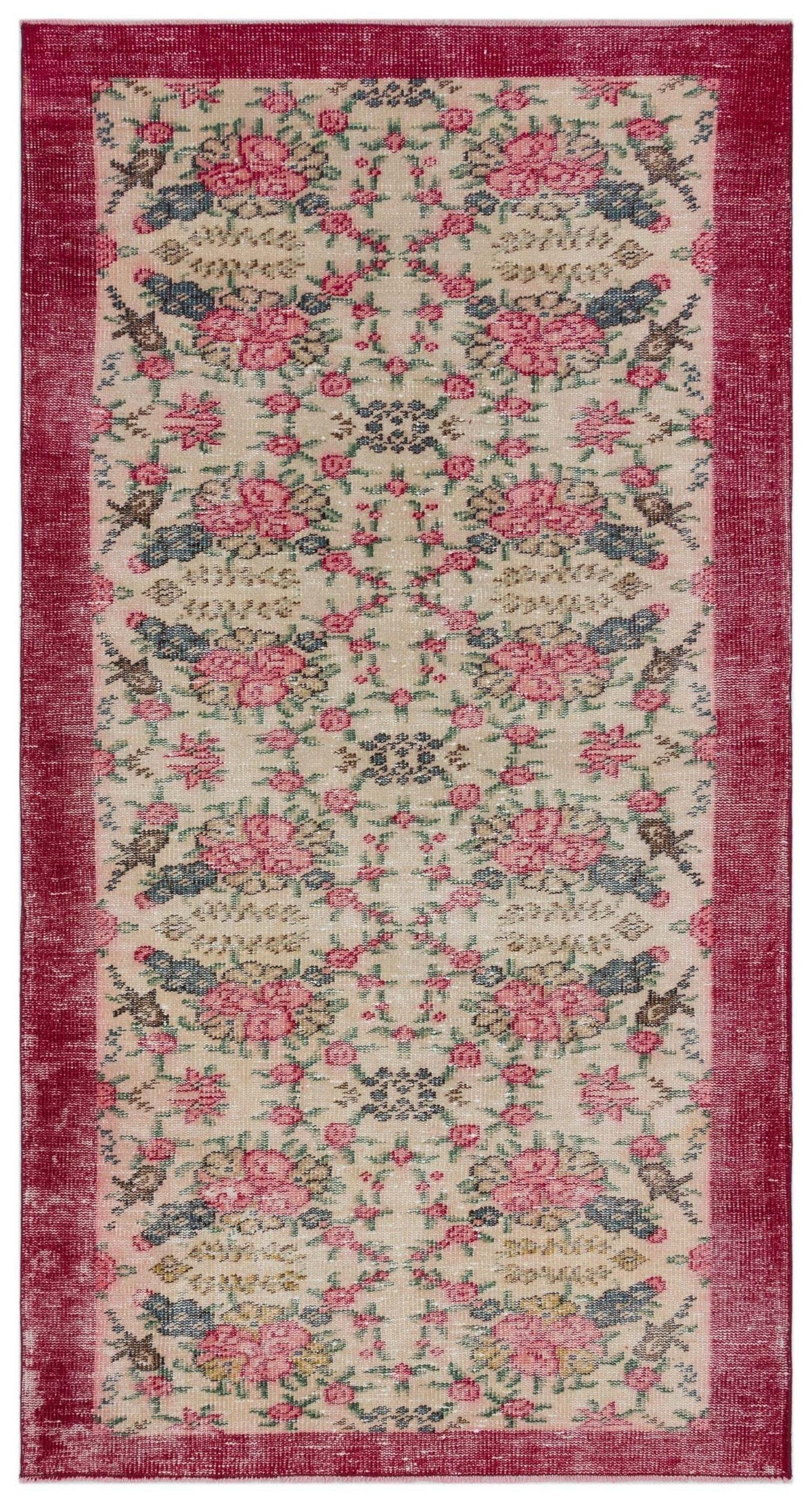 Beige runner rug with a distressed floral pattern in pink and dark blue, featuring a solid deep red border.