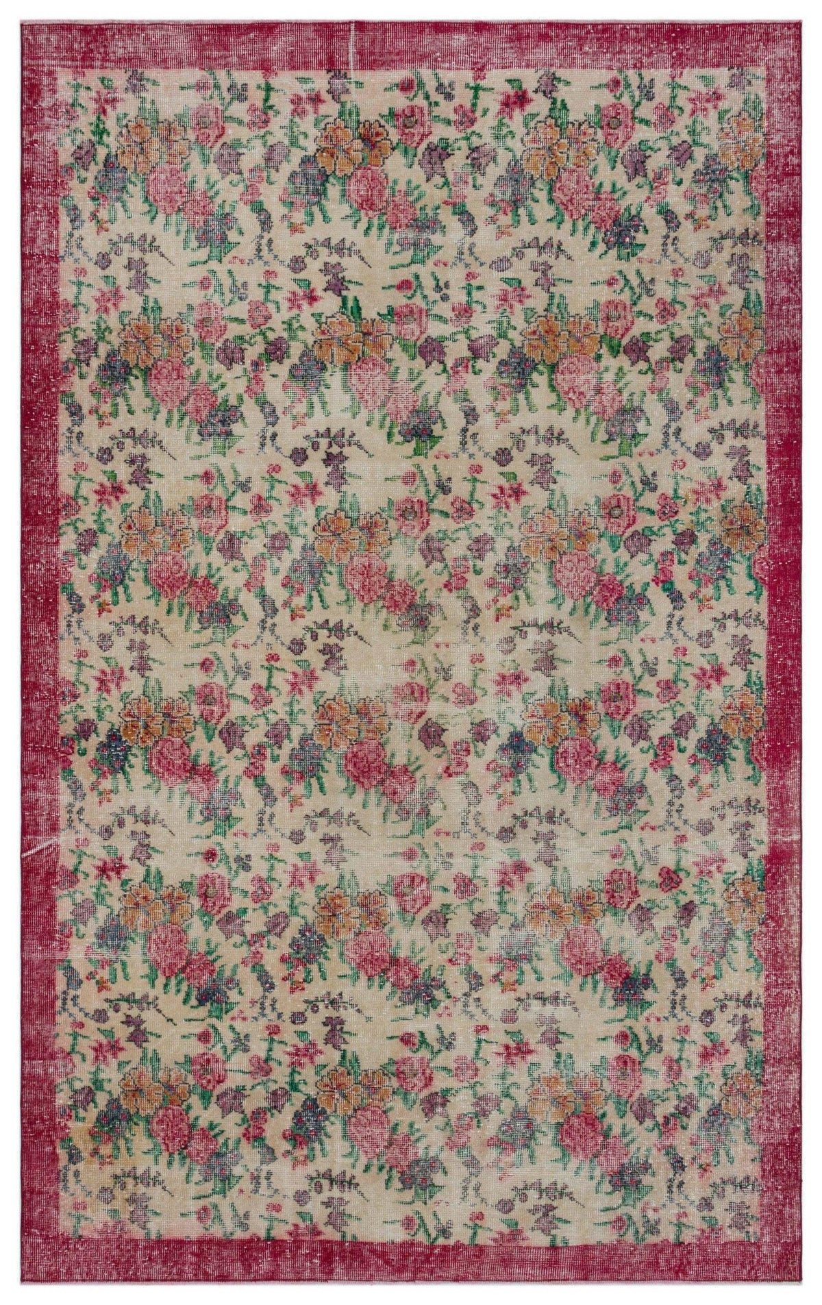 Beige rug with a distressed floral pattern in pink, orange, and purple, featuring a solid dark pink border.
