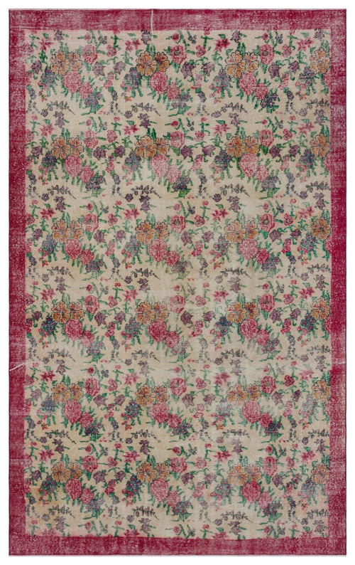 Load image 1 in gallery view. Beige rug with a distressed floral pattern in pink, orange, and purple, featuring a solid dark pink border.