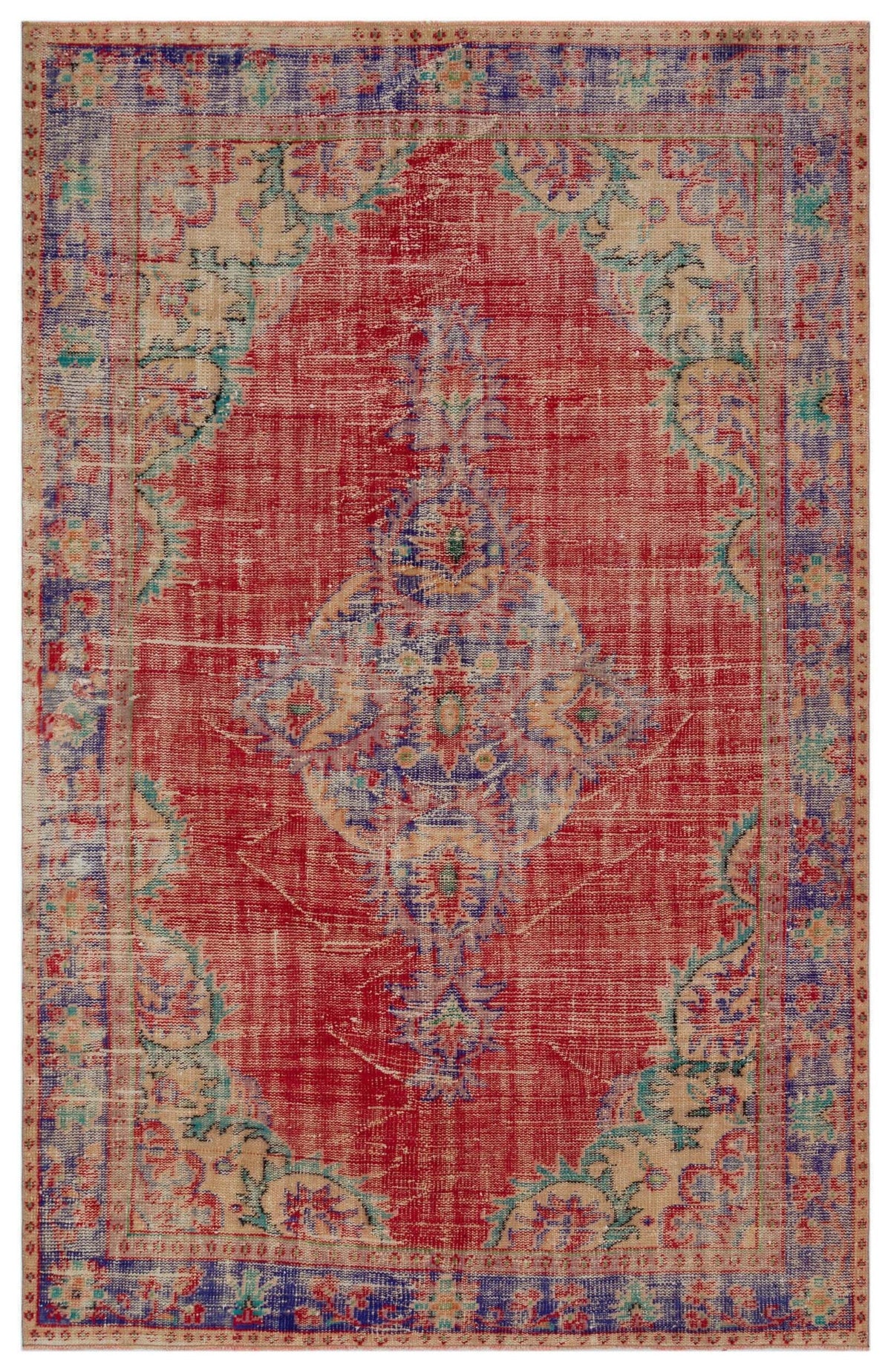 Distressed red rug with a central floral medallion, blue and beige borders, and a faded traditional Persian-style pattern.