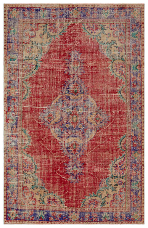 Load image 1 in gallery view. Distressed red rug with a central floral medallion, blue and beige borders, and a faded traditional Persian-style pattern.