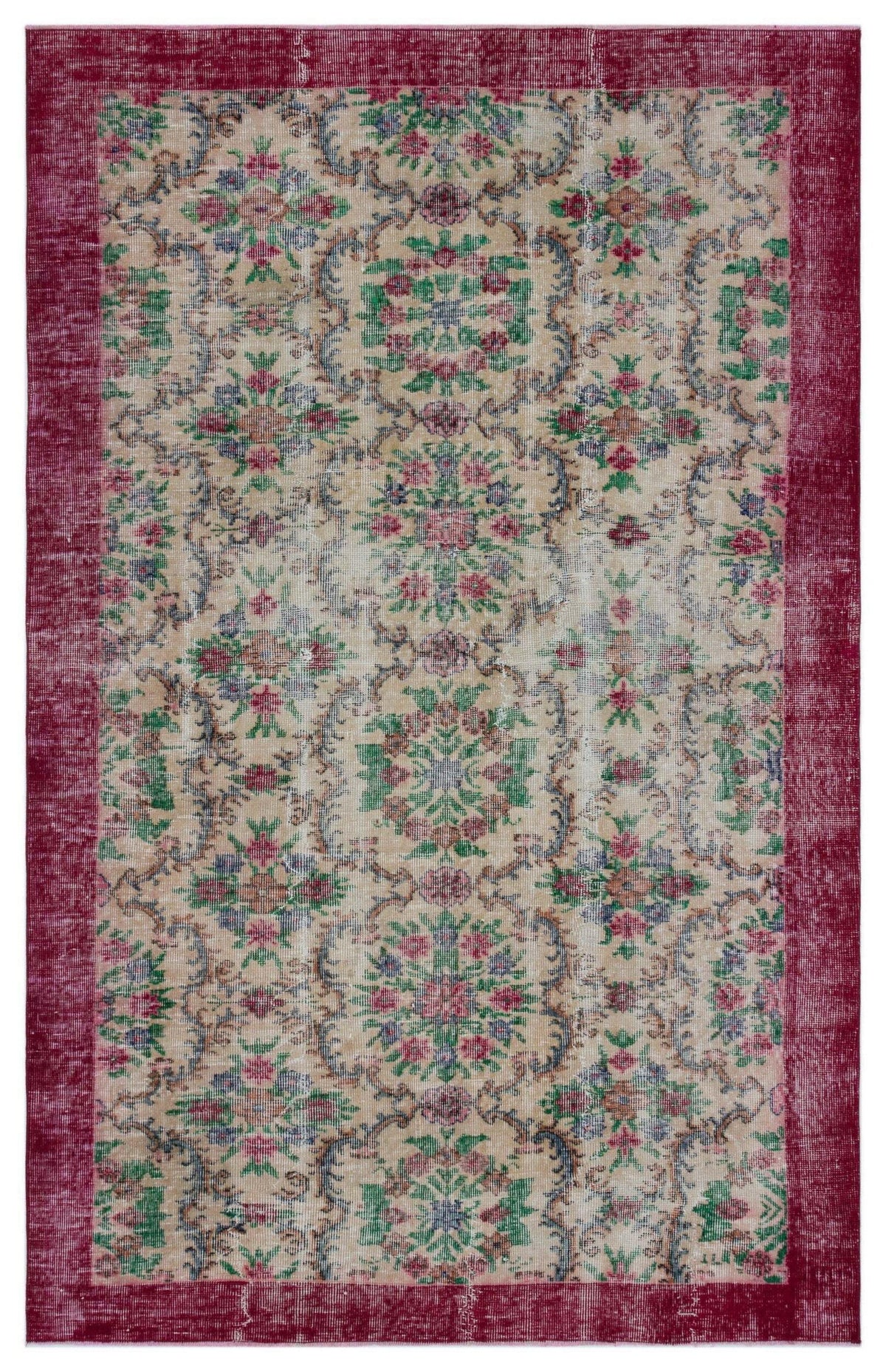 Beige vintage-style rug with a distressed floral medallion pattern and a wide, solid deep red border.