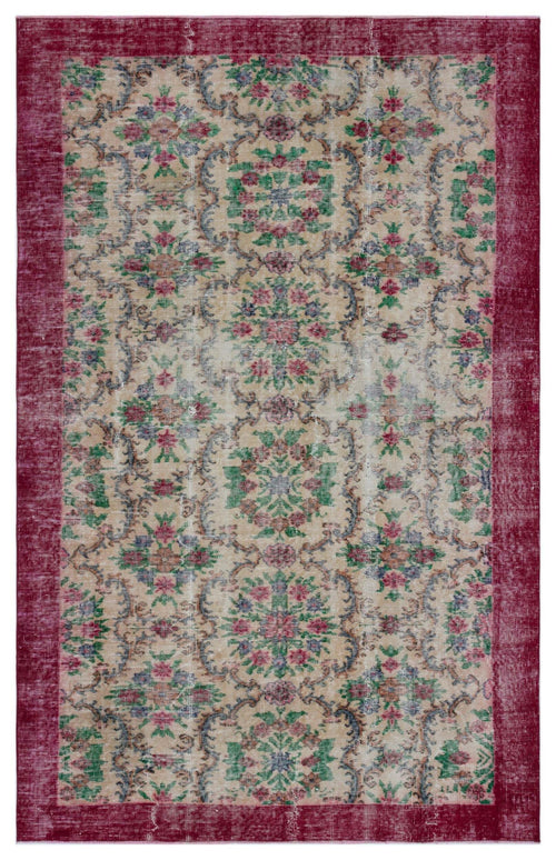 Load image 1 in gallery view. Beige vintage-style rug with a distressed floral medallion pattern and a wide, solid deep red border.