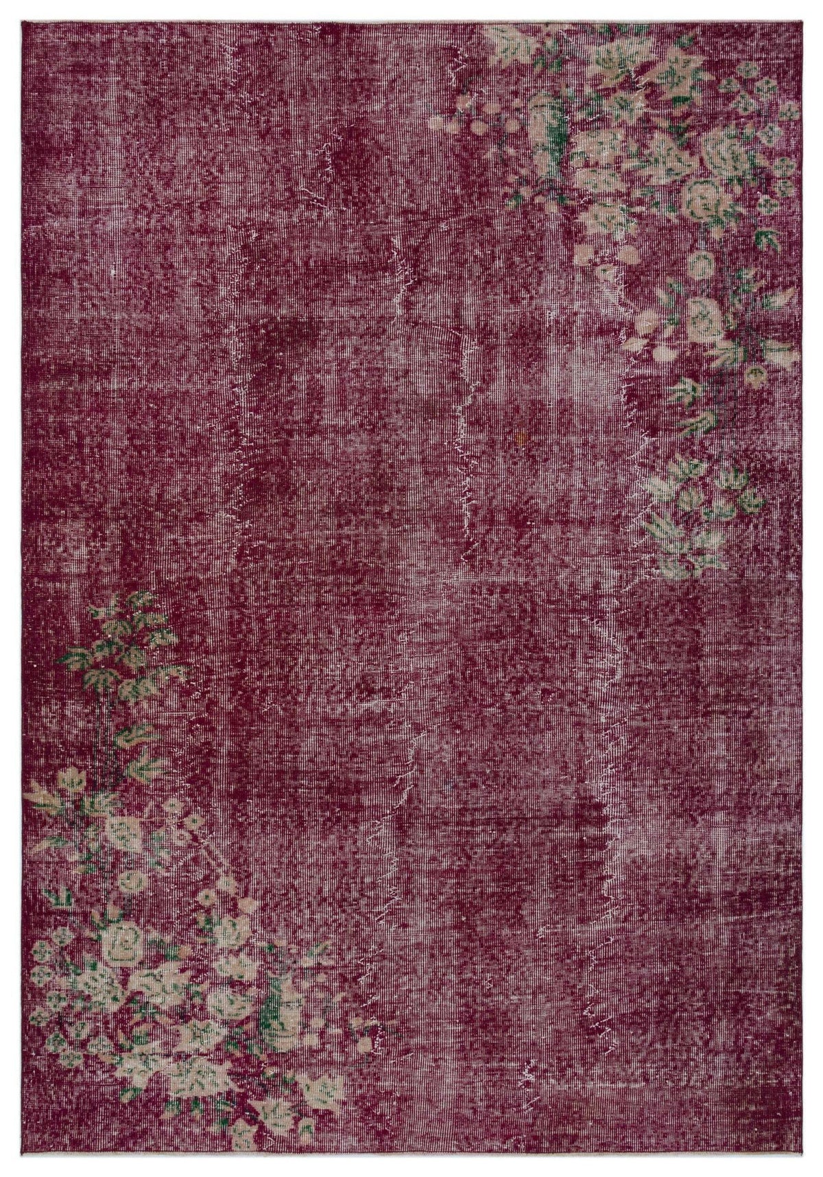 Deep burgundy distressed rug with faded floral accents in the top right and bottom left corners.