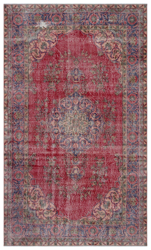 Load image 1 in gallery view. Distressed red traditional rug with a central blue and beige floral medallion and a decorative border.
