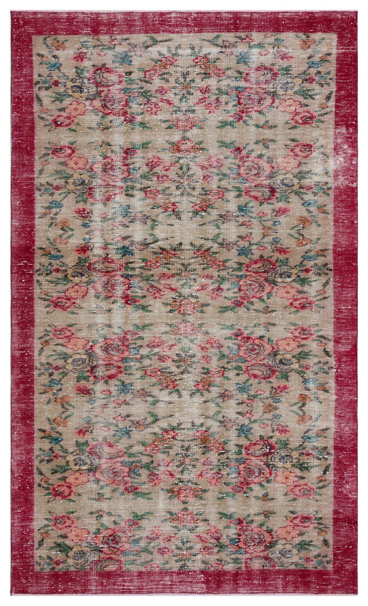 Distressed beige rug with a red border and a repeating floral pattern in red, blue, and green.