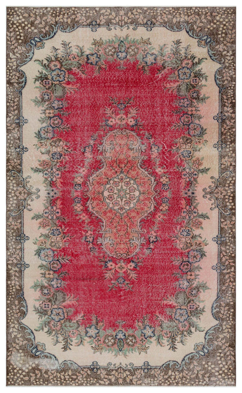 Load image 1 in gallery view. Red and cream vintage-style rug with a central floral medallion, intricate botanical border, and distressed finish.