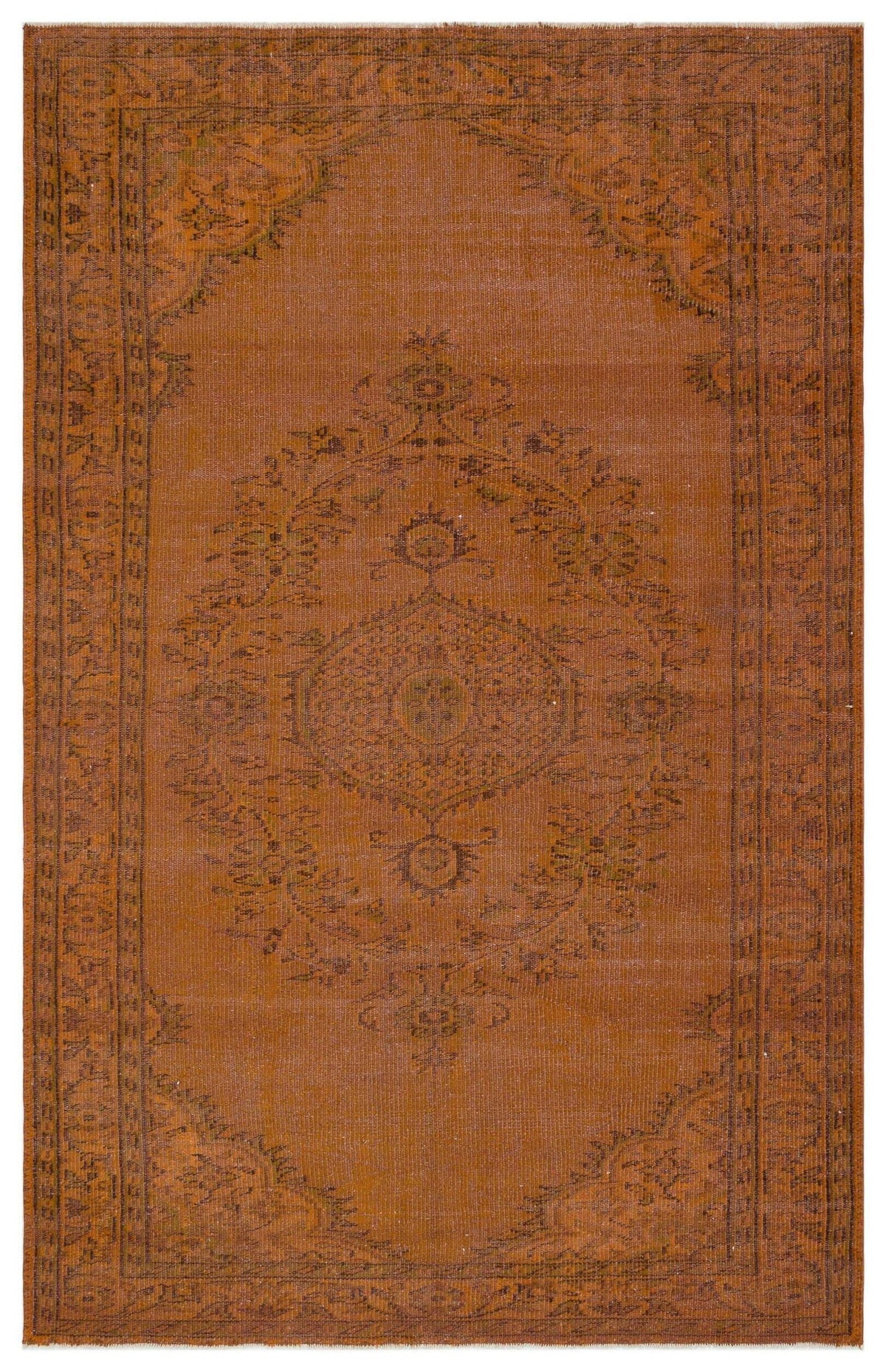 Rust-colored traditional rug with a central medallion and ornate border in a distressed, faded finish.