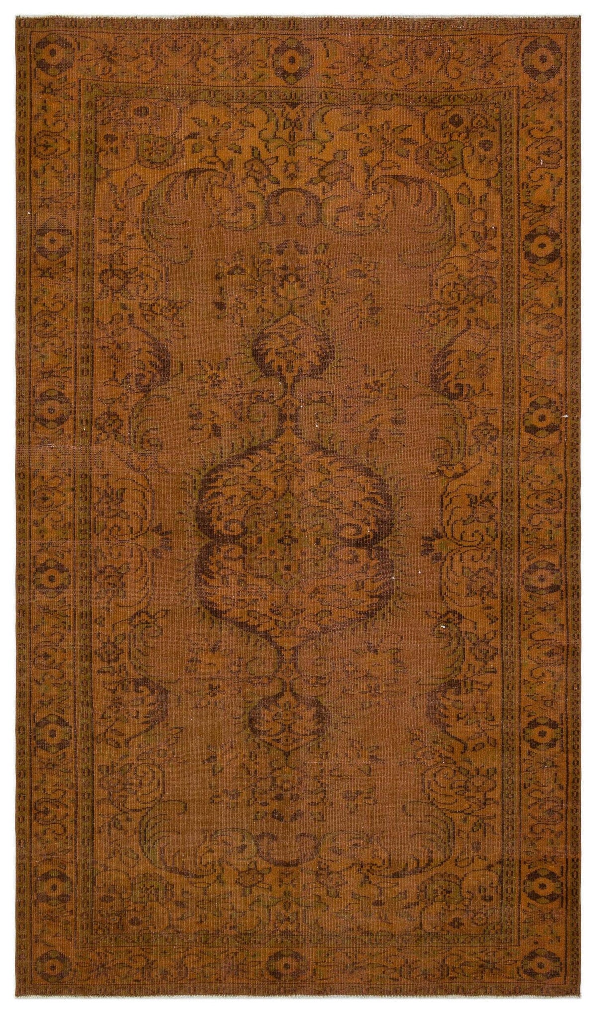 Rust-colored vintage-style rug with a central floral medallion and intricate border pattern on a white background.