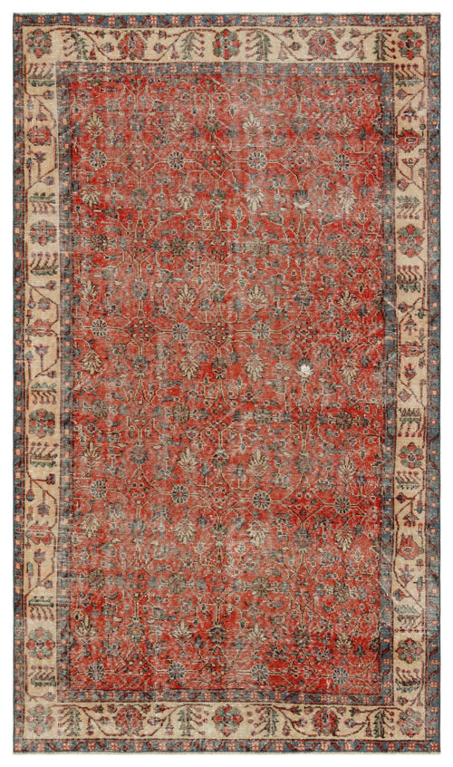 Load image 1 in gallery view. Red and beige traditional rug with a distressed floral lattice pattern and a decorative multi-layered border.