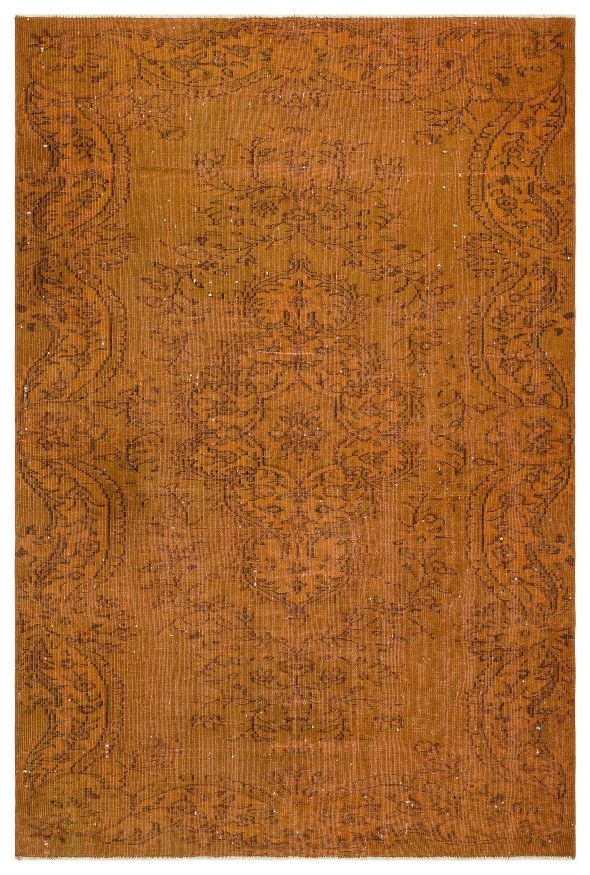 Burnt orange distressed rug with a dark brown traditional floral medallion and border pattern.
