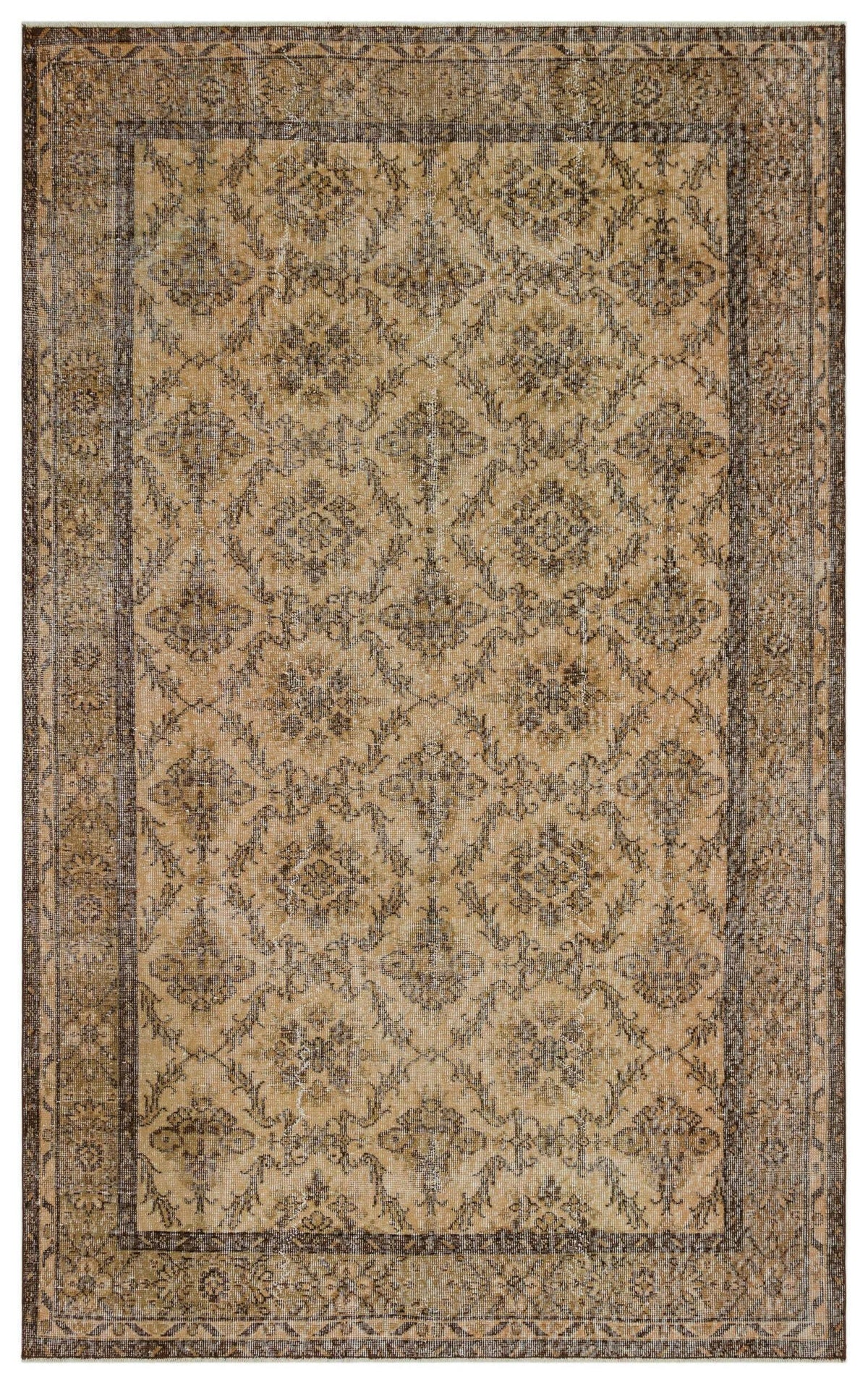 Tan and brown vintage-style rug with a distressed floral medallion pattern and a dark border.