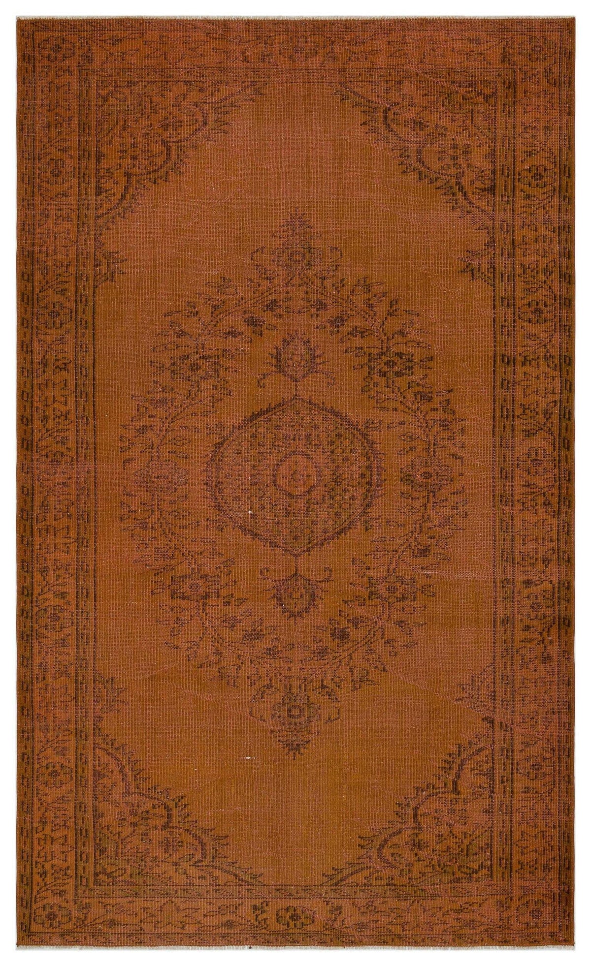 Rust-colored traditional rug with a dark brown central floral medallion and ornate border on a white background.