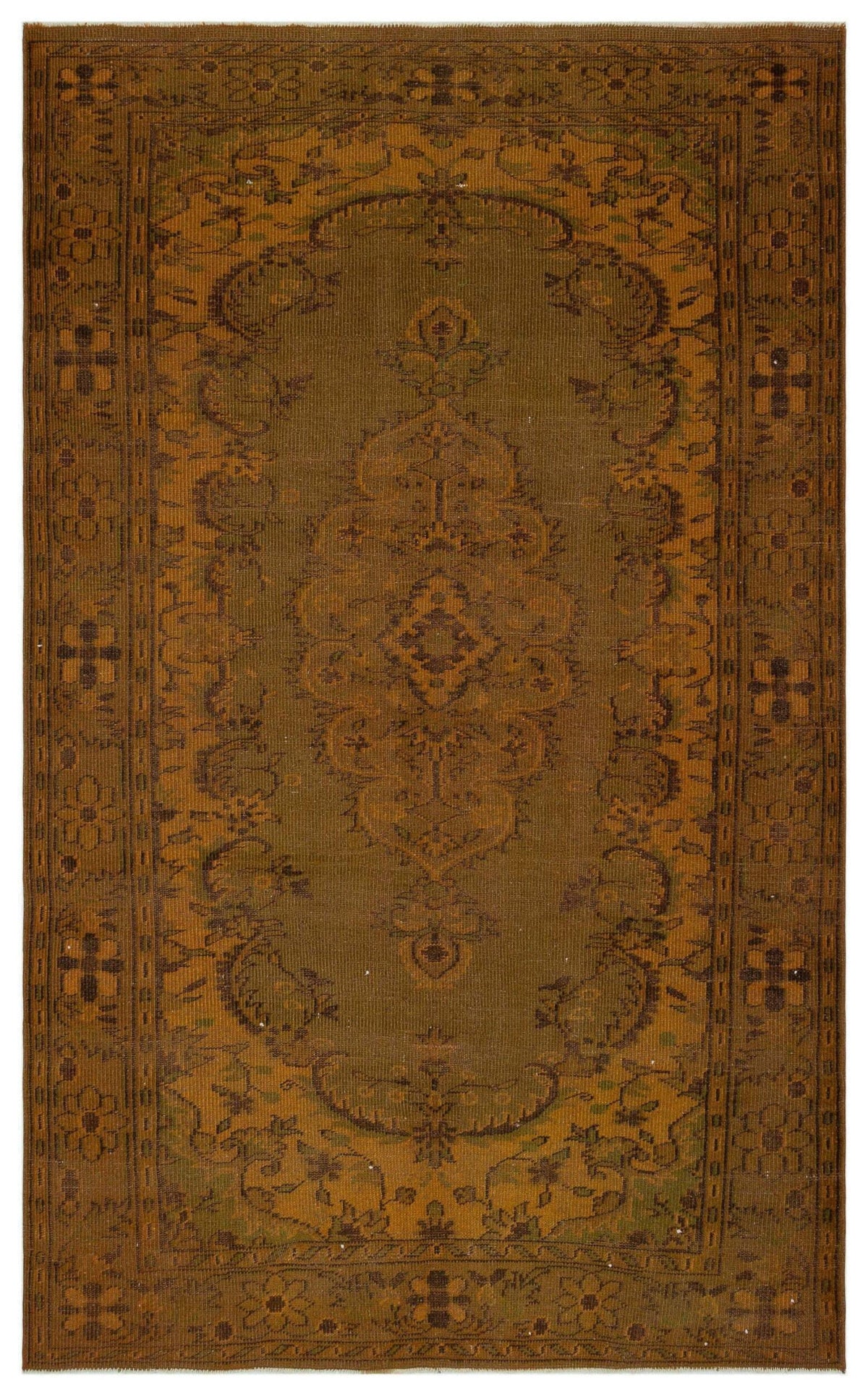 Olive green and brown traditional rug with a central floral medallion and a geometric floral border.