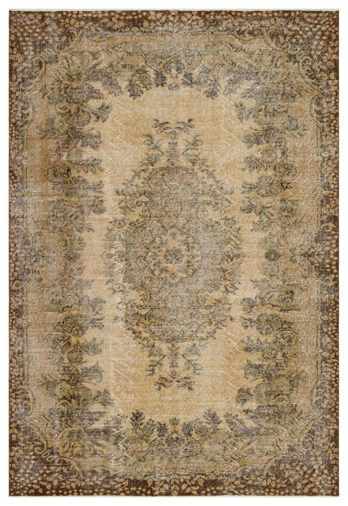 Load image 1 in gallery view. Distressed tan and brown vintage-style rug with a central floral medallion and ornate border pattern.