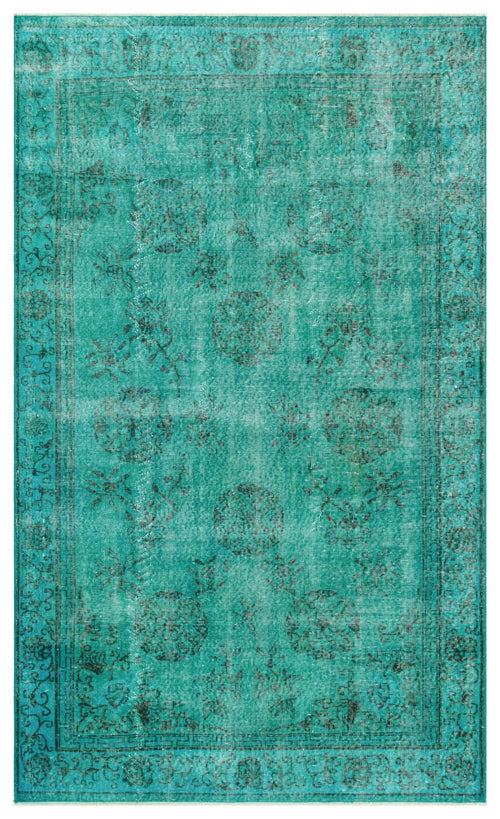 Load image 1 in gallery view. Teal distressed rug with a faded black traditional medallion and floral pattern and a geometric border.