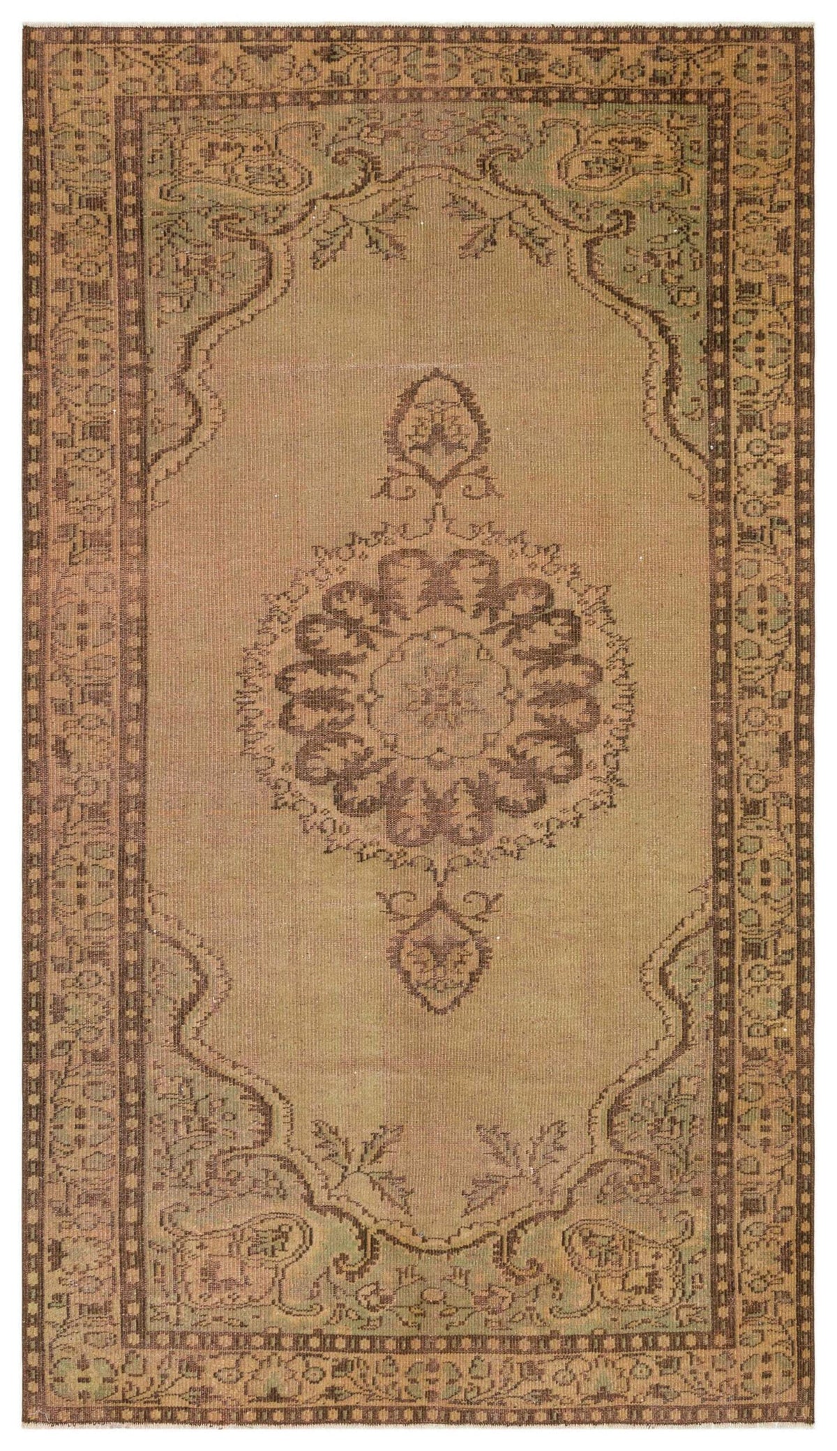 Tan and brown vintage-style rug with a central floral medallion and a decorative geometric border.
