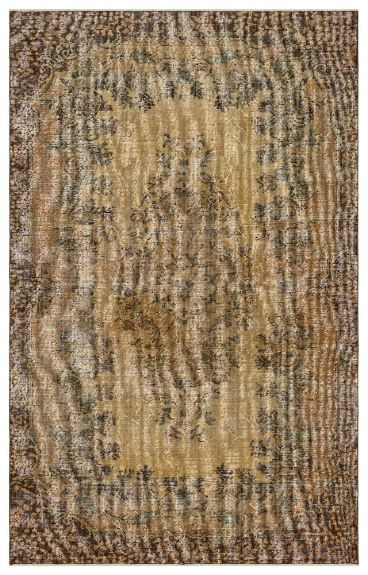 Distressed tan and brown traditional rug with a central floral medallion and ornate border.