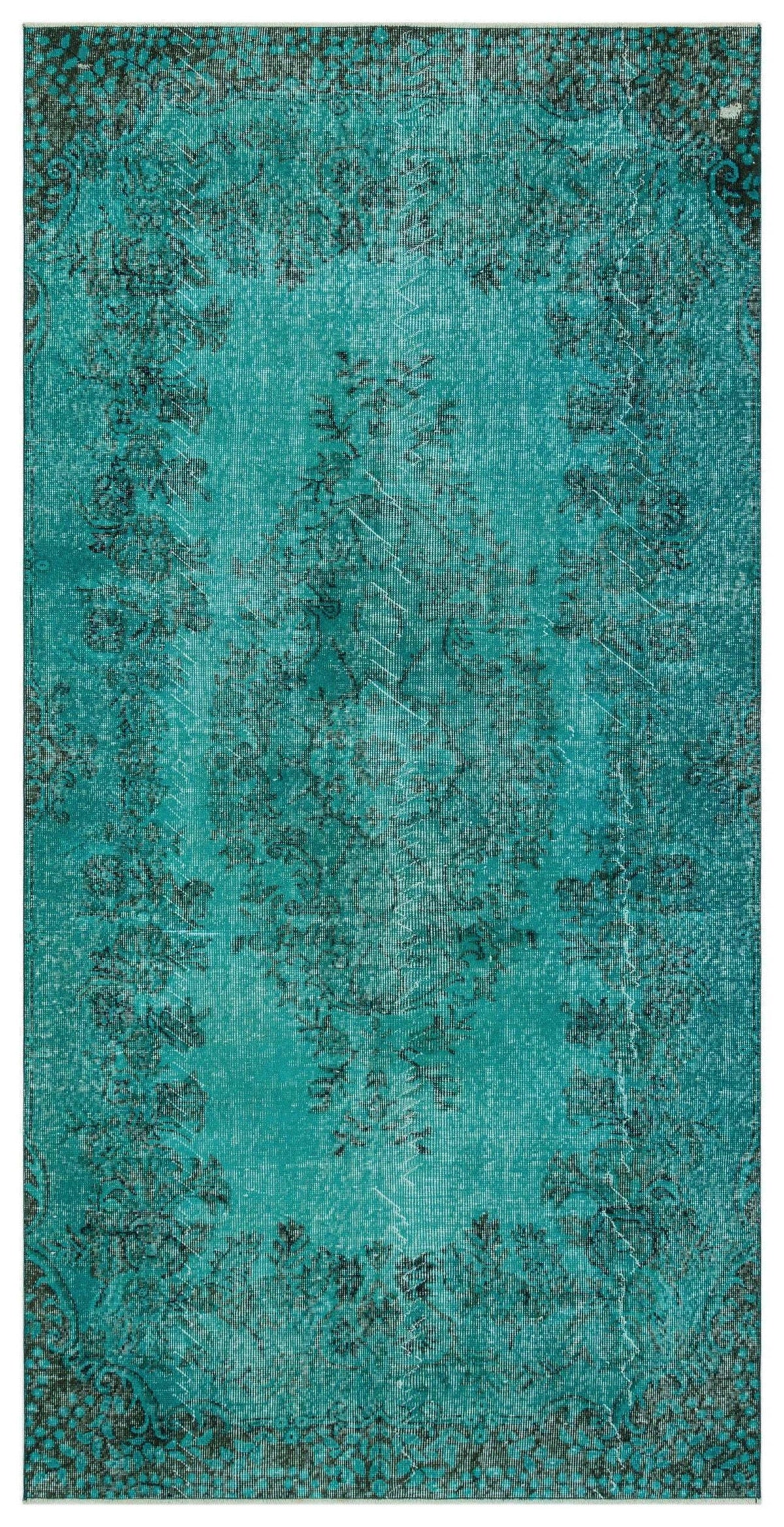 Teal distressed rug with a dark charcoal floral medallion and border pattern.