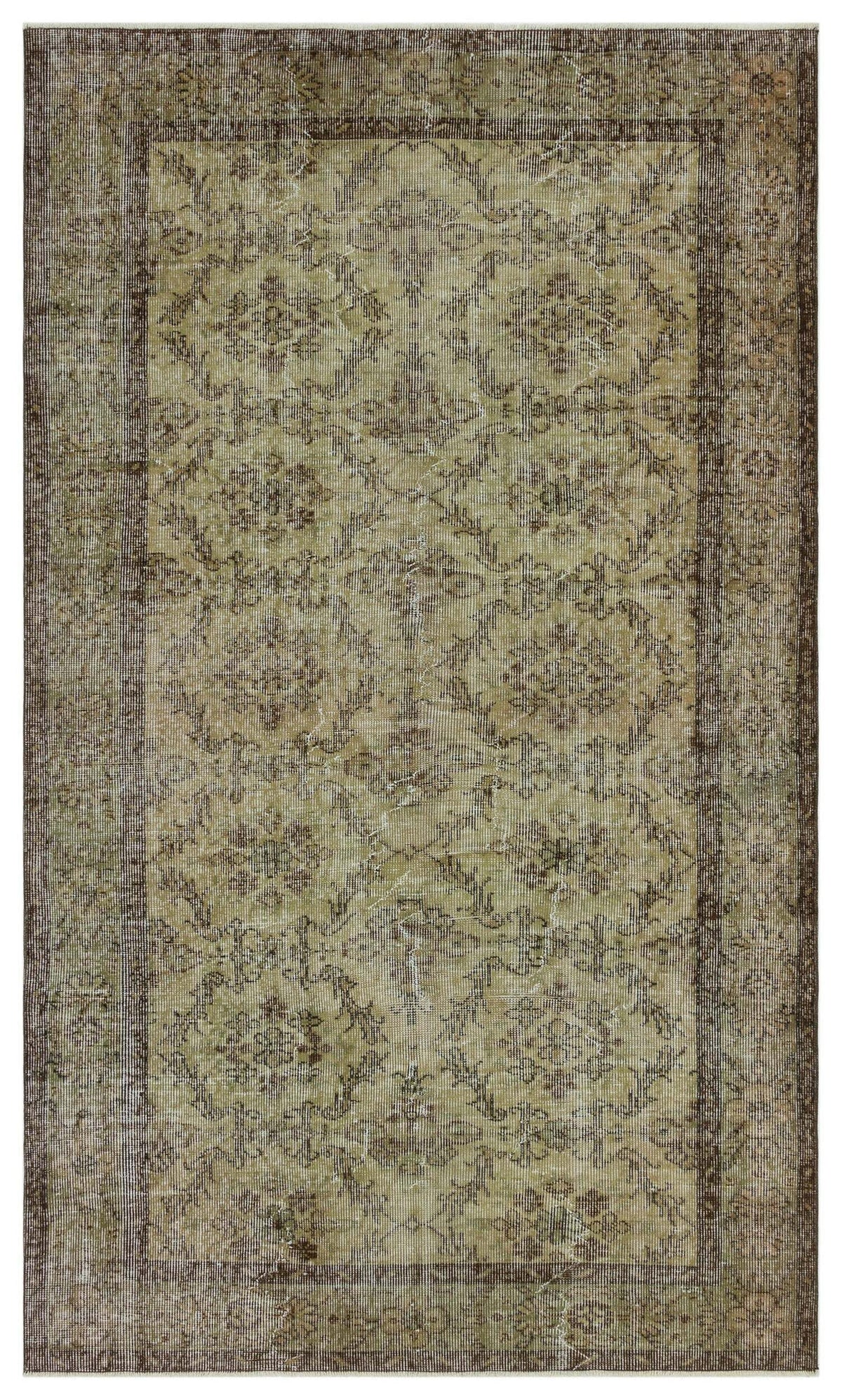 Olive green and brown distressed traditional rug with a repeating floral medallion pattern and a wide border.